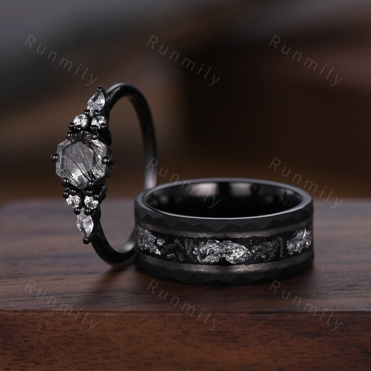 Hexagon cut Black Rutilated Quartz Couples Ring Black Gold Matching Ring Set His and Hers Wedding Band Promise Ring For Men For Women