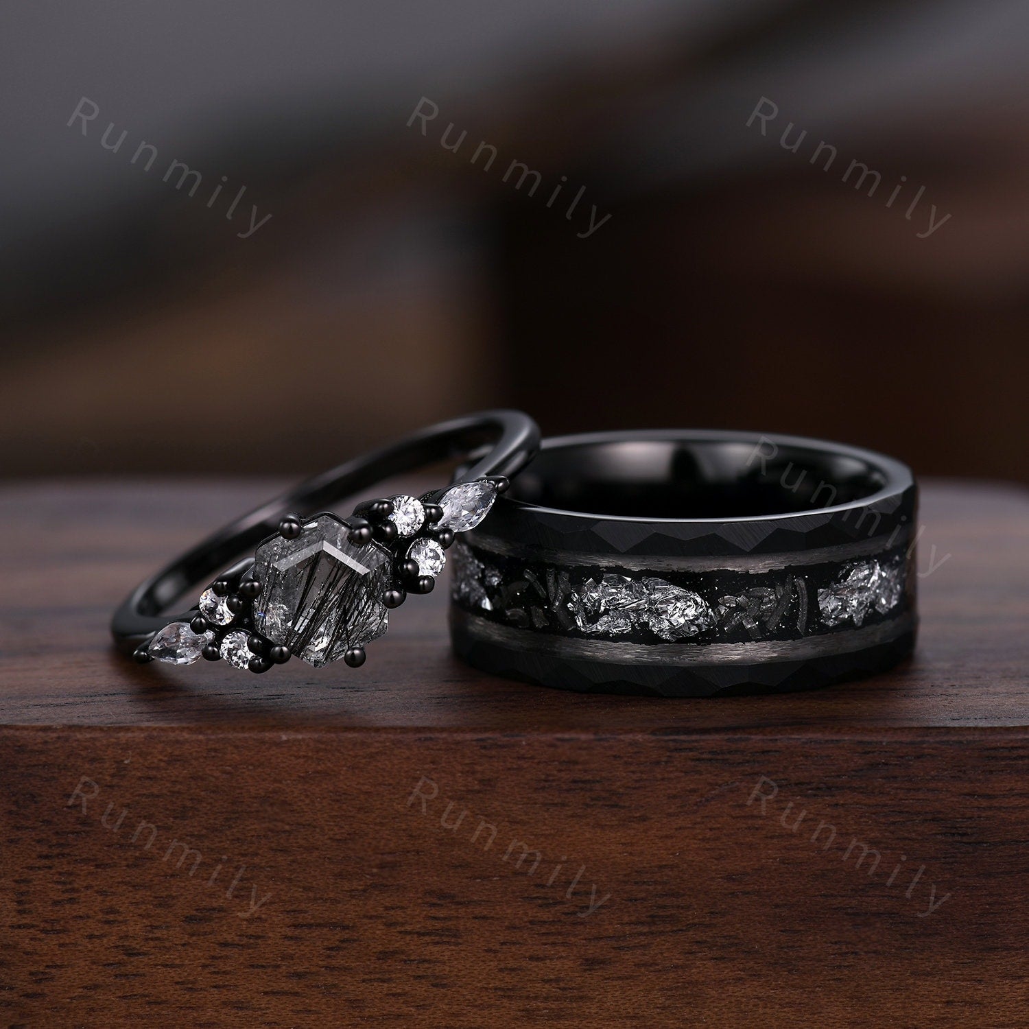 Hexagon cut Black Rutilated Quartz Couples Ring Black Gold Matching Ring Set His and Hers Wedding Band Promise Ring For Men For Women