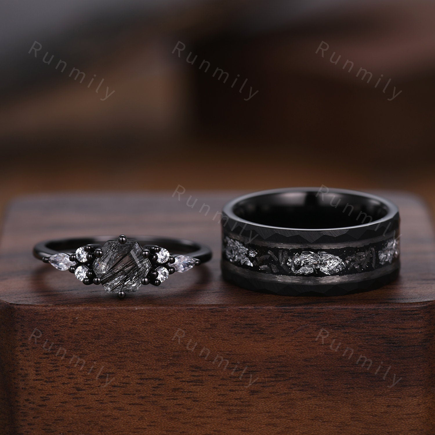 Hexagon cut Black Rutilated Quartz Couples Ring Black Gold Matching Ring Set His and Hers Wedding Band Promise Ring For Men For Women