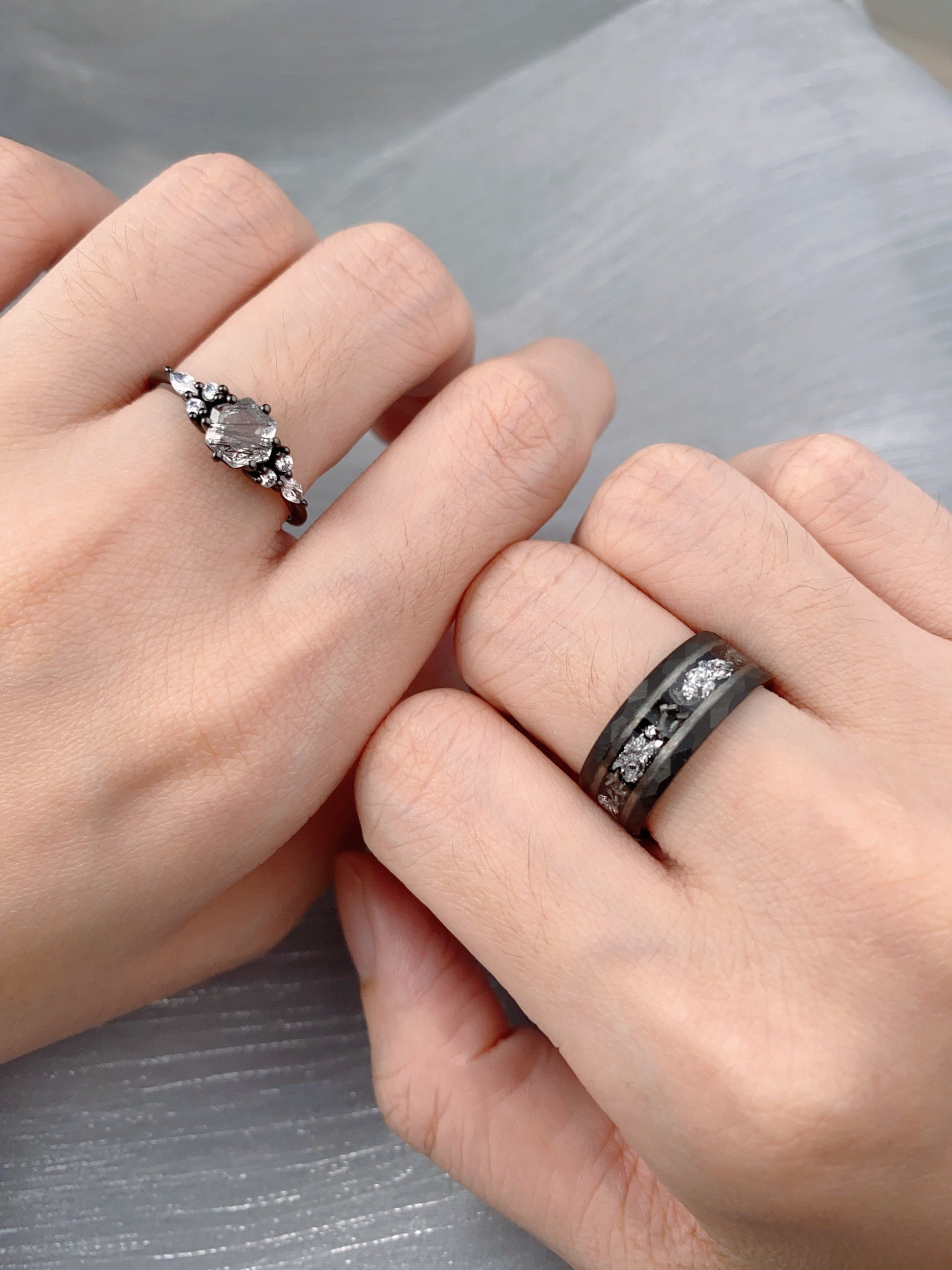 Hexagon cut Black Rutilated Quartz Couples Ring Black Gold Matching Ring Set His and Hers Wedding Band Promise Ring For Men For Women