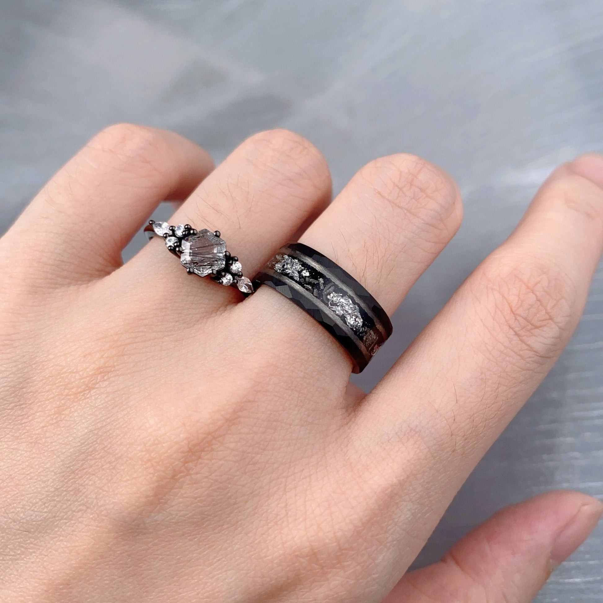 Hexagon cut Black Rutilated Quartz Couples Ring Black Gold Matching Ring Set His and Hers Wedding Band Promise Ring For Men For Women