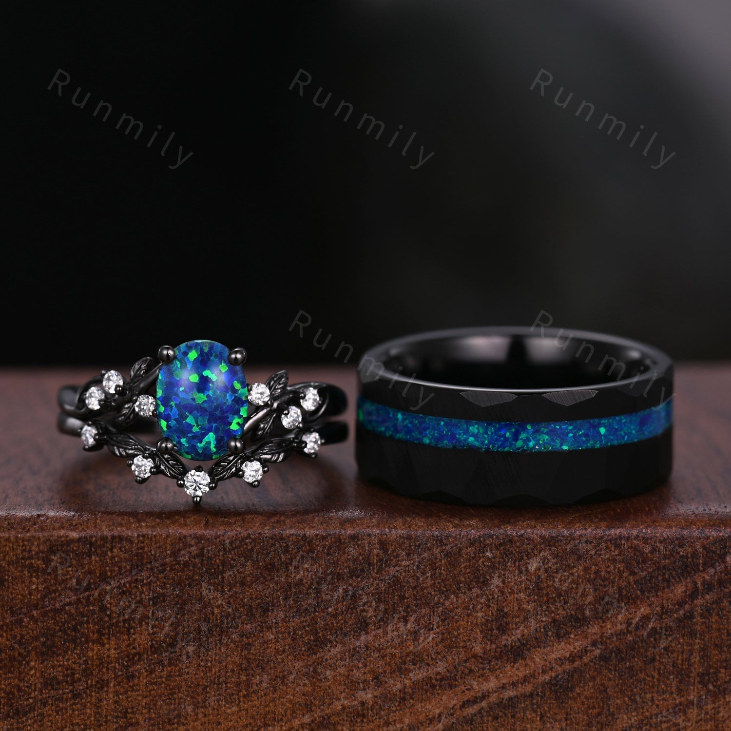Oval Blue Fire Opal Ring Set For Couples His and Her Wedding Band Black Gold Mens Tungsten Wedding Band Nature Inspired Opal Matching Ring