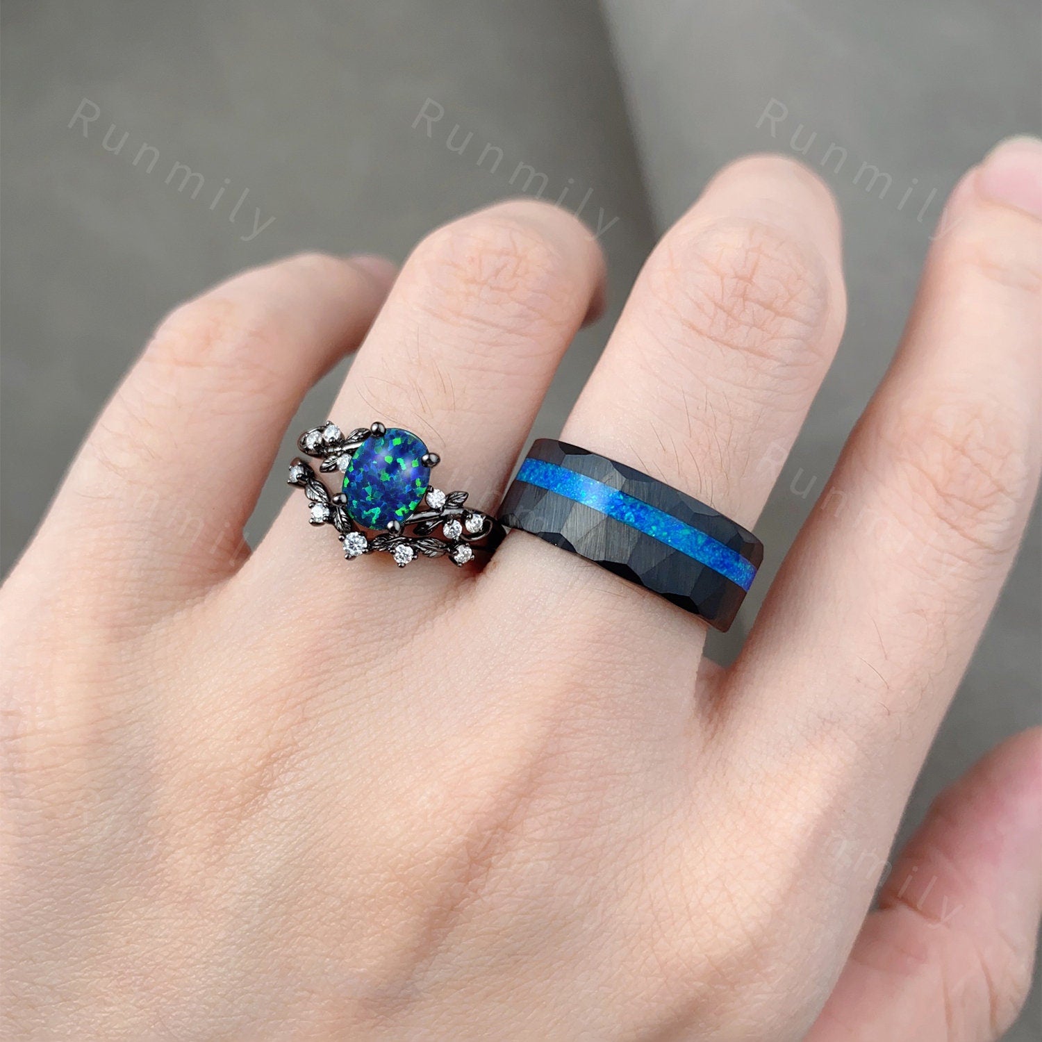 Oval Blue Fire Opal Ring Set For Couples His and Her Wedding Band Black Gold Mens Tungsten Wedding Band Nature Inspired Opal Matching Ring