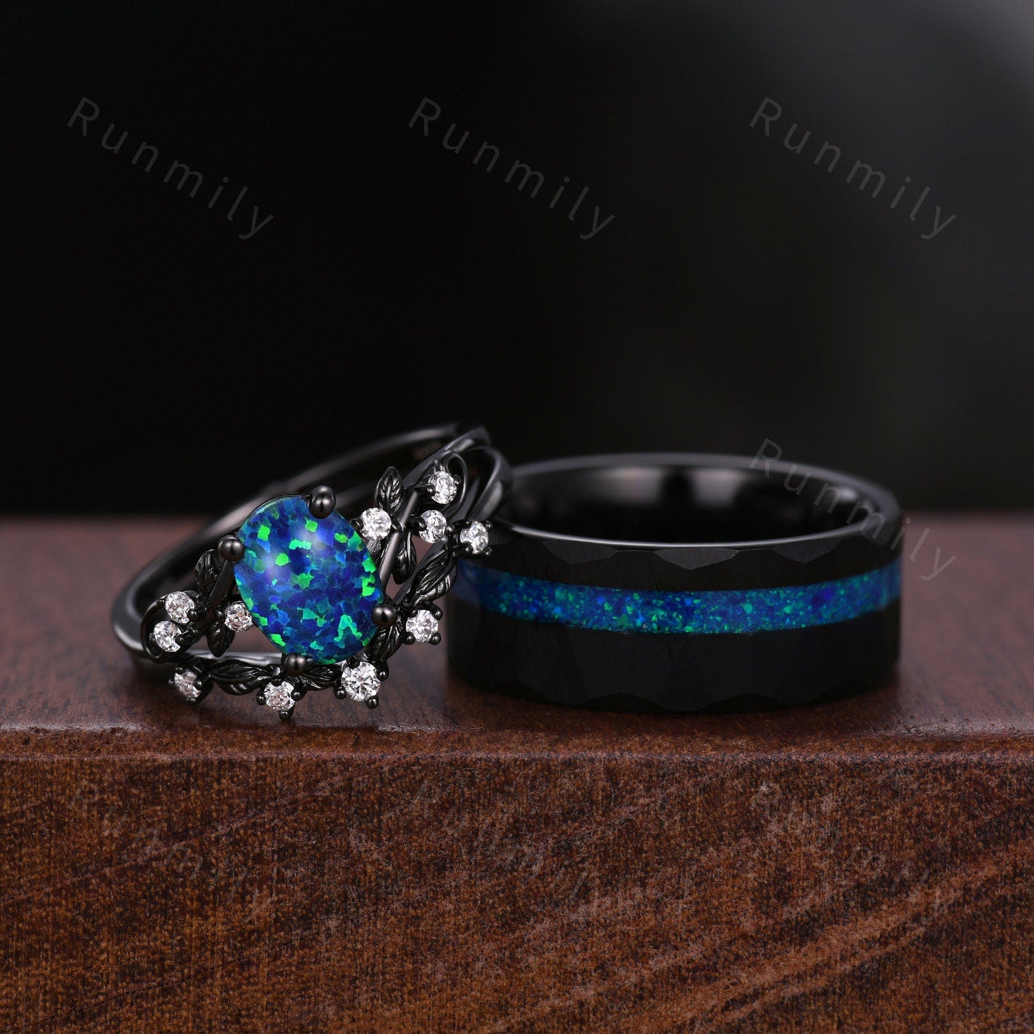 Oval Blue Fire Opal Ring Set For Couples His and Her Wedding Band Black Gold Mens Tungsten Wedding Band Nature Inspired Opal Matching Ring