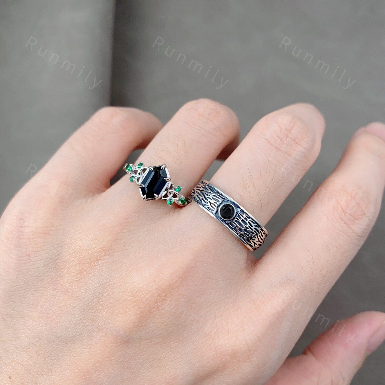 Celtic Black Onyx Couples Ring Silver Matching Ring Set Mens Gothic Tree Bark Ring His and Hers Wedding Band Antique Promise Ring Set
