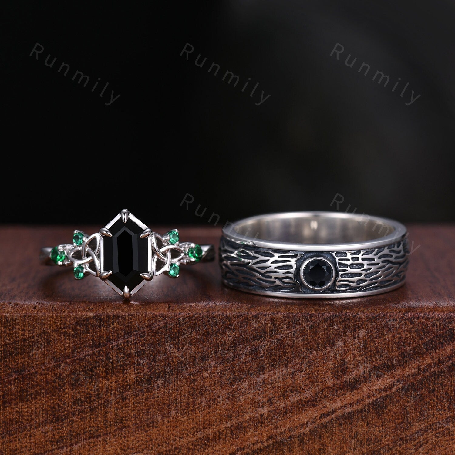 Celtic Black Onyx Couples Ring Silver Matching Ring Set Mens Gothic Tree Bark Ring His and Hers Wedding Band Antique Promise Ring Set