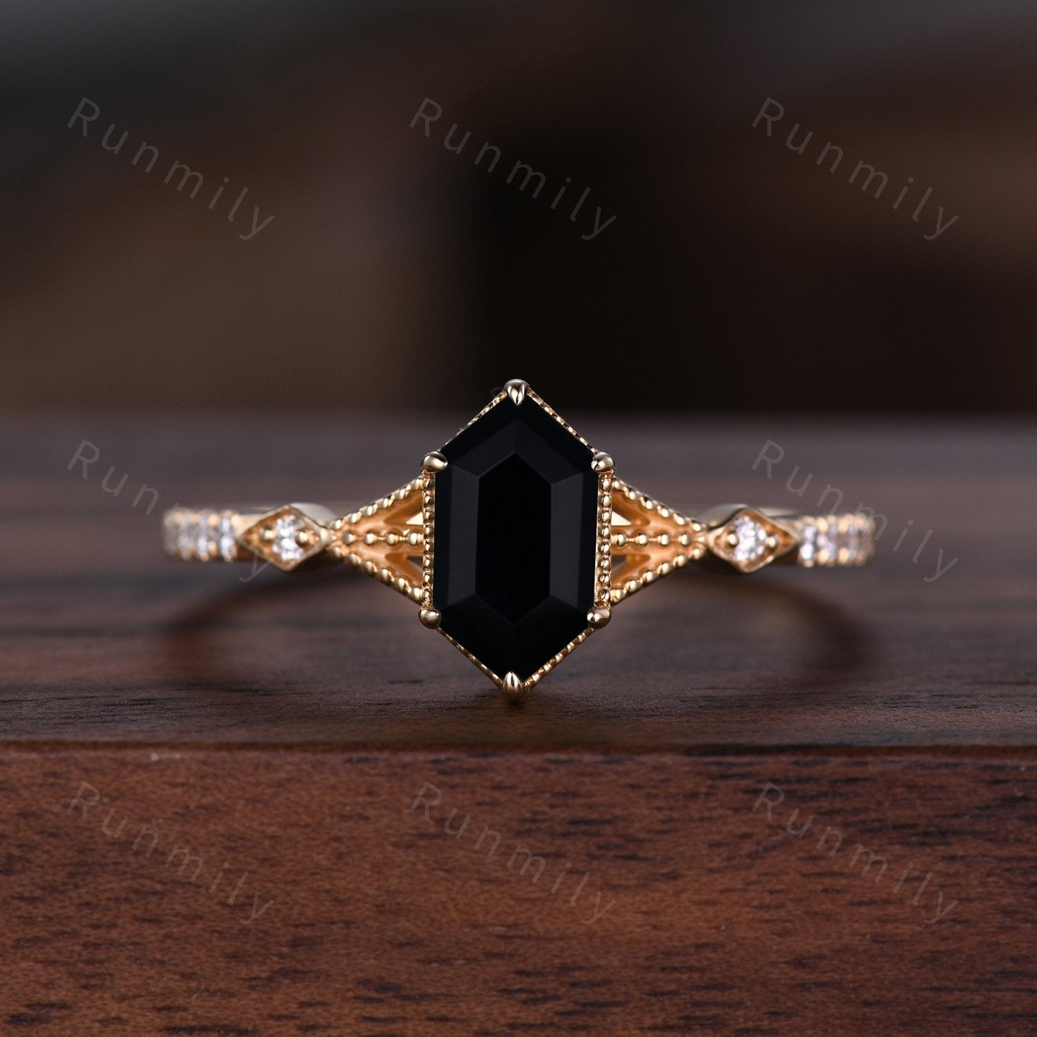 Antique Black Onyx Couples Ring Yellow Gold Matching Ring Set His and Hers Wedding Band Mens Black Sandstone Ring Promise Ring For Couples