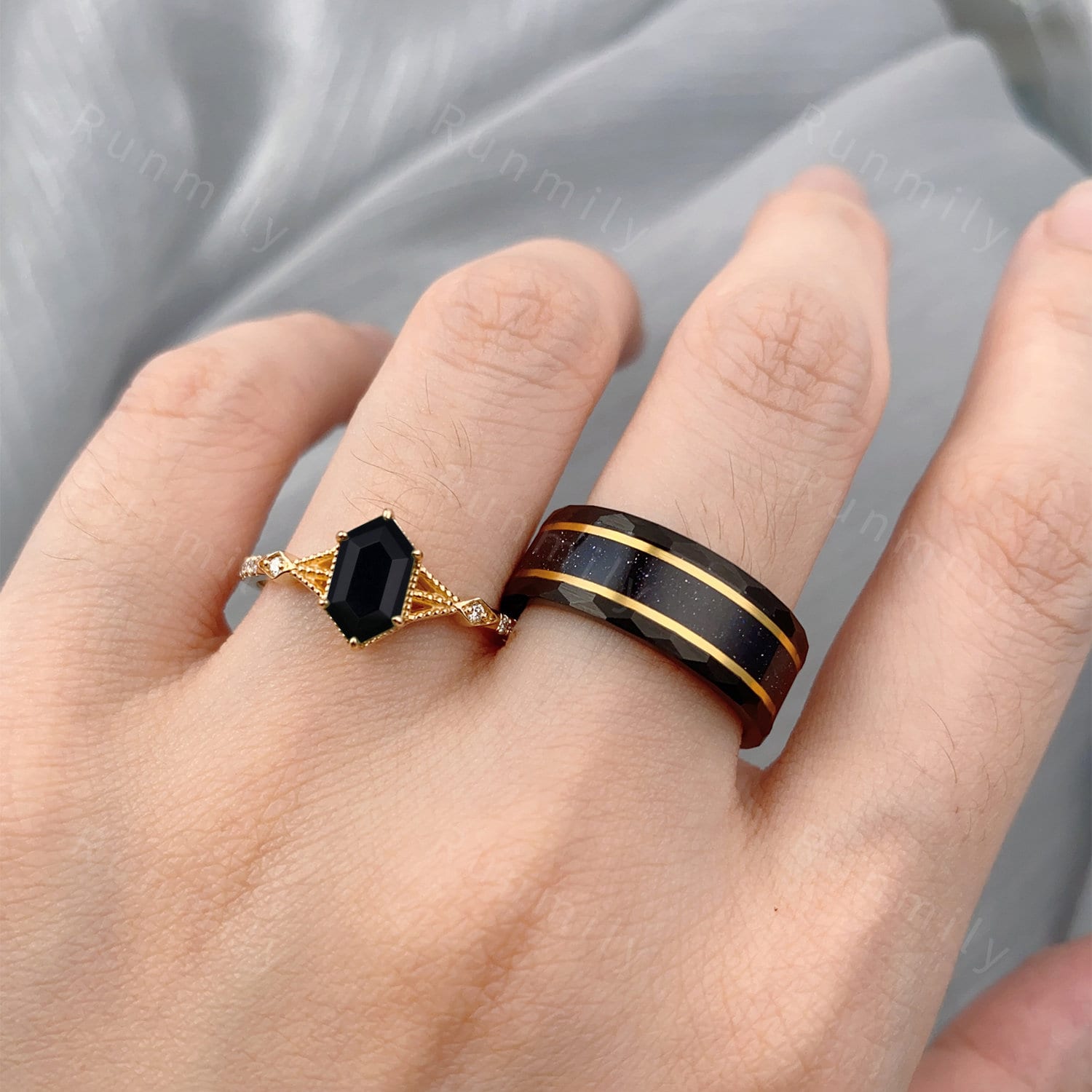Antique Black Onyx Couples Ring Yellow Gold Matching Ring Set His and Hers Wedding Band Mens Black Sandstone Ring Promise Ring For Couples