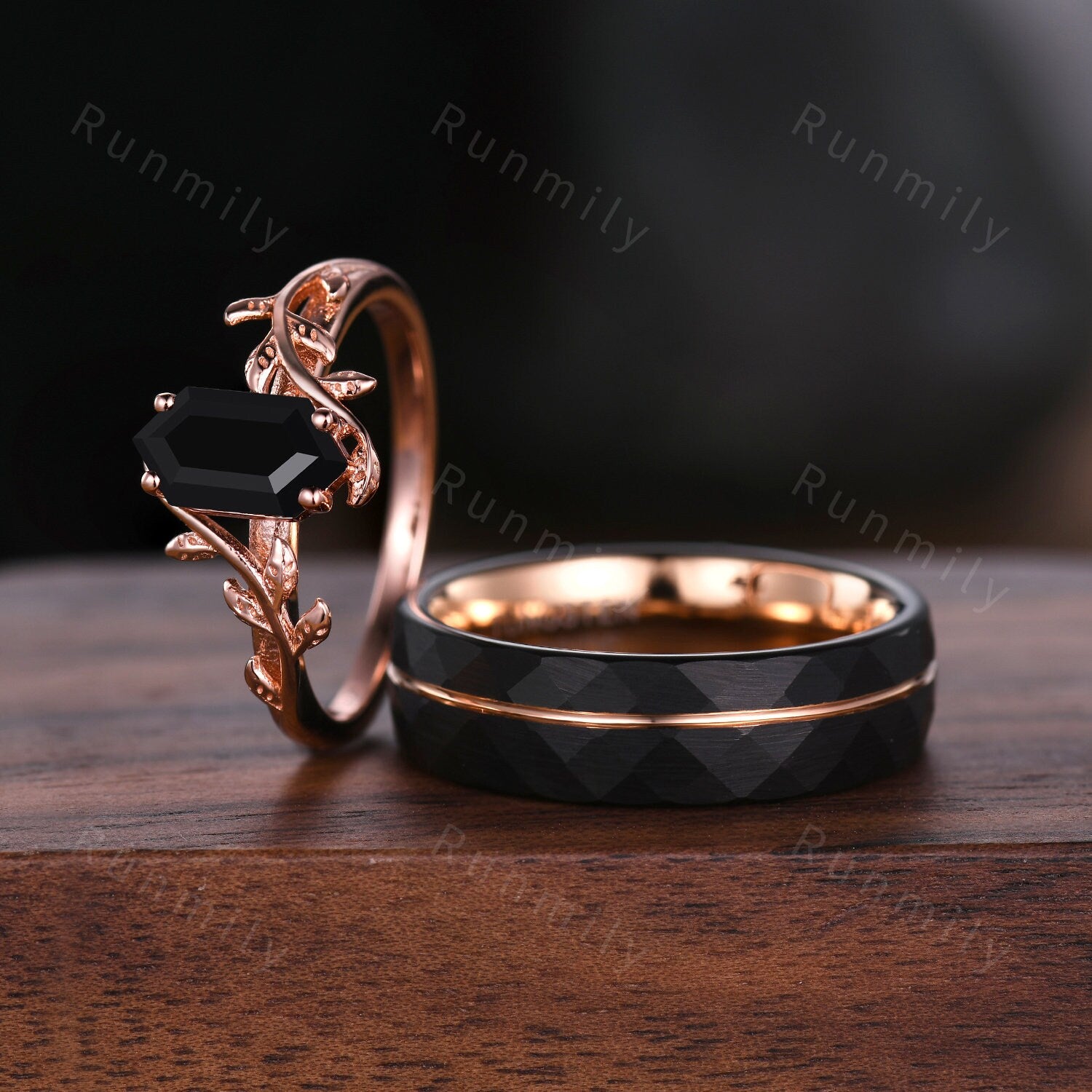 Vine Leaf Black Onyx Couples Ring Rose Gold Matching Ring Set His and Hers Wedding Band Promise Ring For Men For Women Black Gemstone Ring