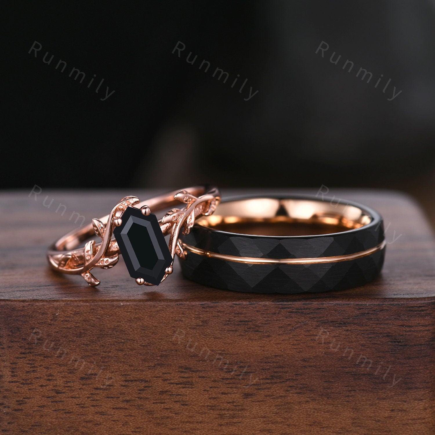 Vine Leaf Black Onyx Couples Ring Rose Gold Matching Ring Set His and Hers Wedding Band Promise Ring For Men For Women Black Gemstone Ring