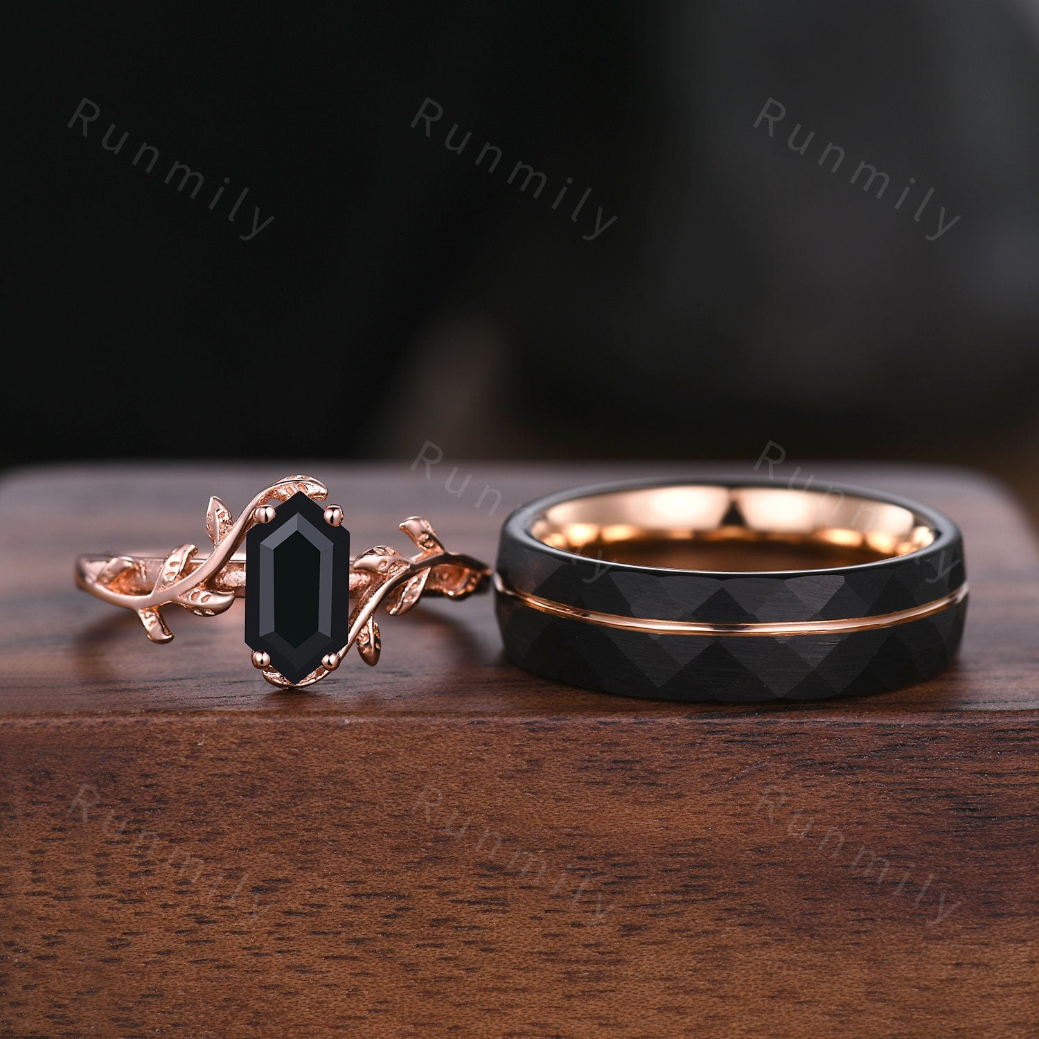 Vine Leaf Black Onyx Couples Ring Rose Gold Matching Ring Set His and Hers Wedding Band Promise Ring For Men For Women Black Gemstone Ring