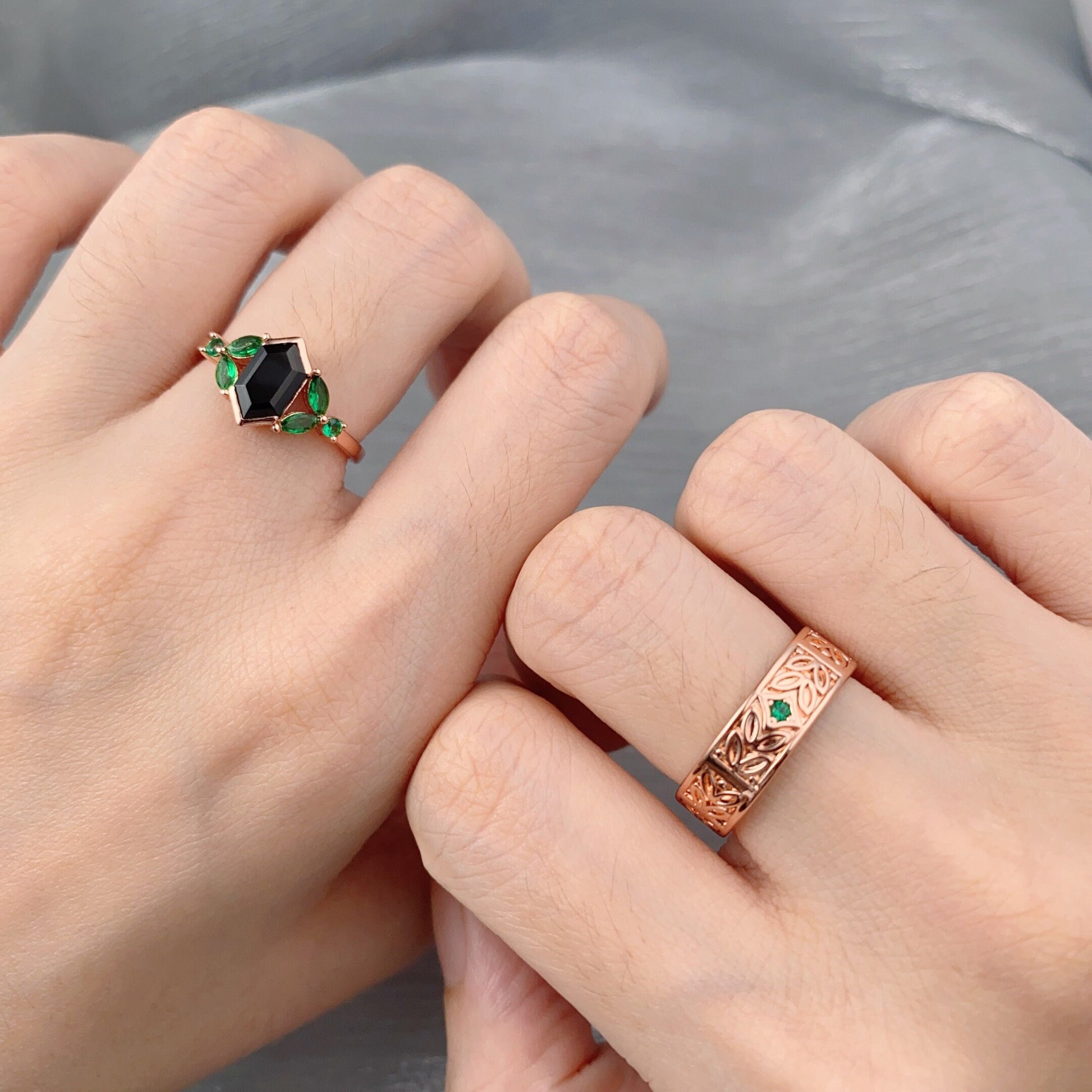 Nature Inspired Moss Agate & Emerald Couples Ring Set Rose Gold Matching Wedding Ring His and Hers Wedding Band Mens Emerald Promise Ring
