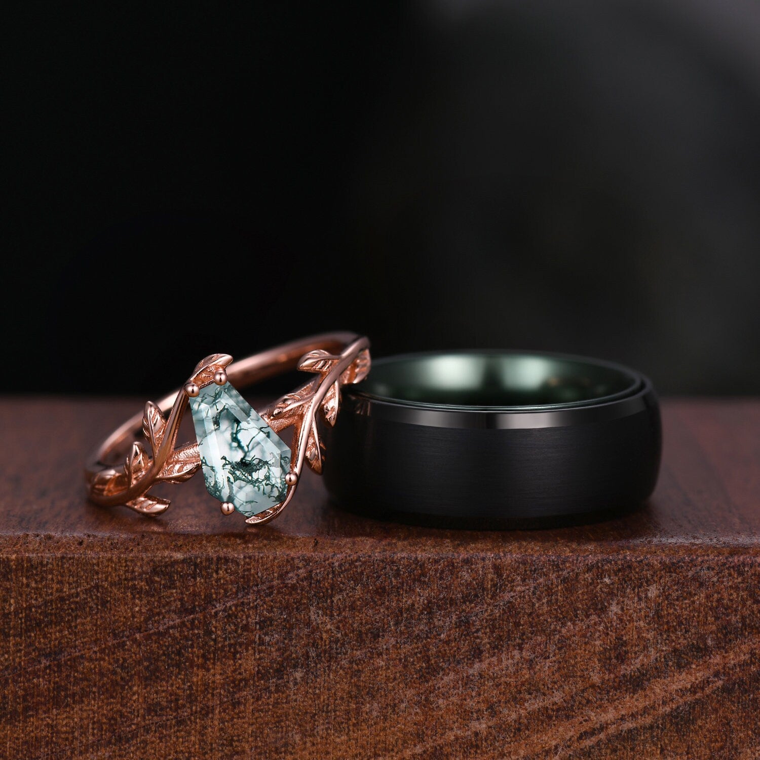 Coffin cut Moss Agate Couples Ring His and Hers Wedding Band Set Mens Black Green Ring Women Nature Inspired Ring Couple Promise Ring Set