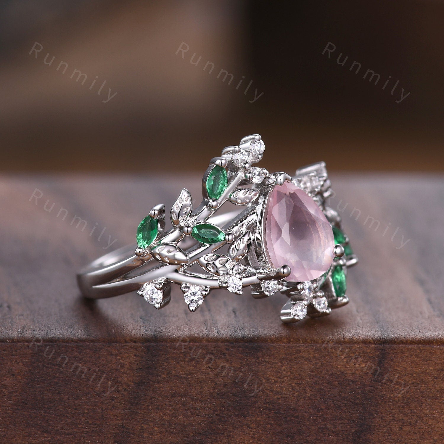 Vintage Floral Rose Quartz Couples Ring Set Sterling Silver His and Hers Wedding Band Mens Tungsten Ring Natural Inspired Leaf Ring