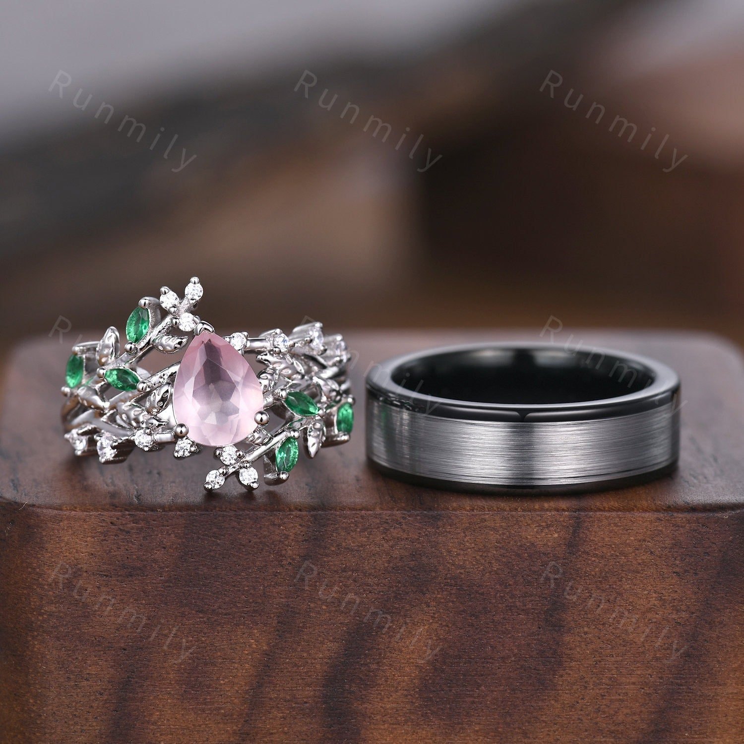 Vintage Floral Rose Quartz Couples Ring Set Sterling Silver His and Hers Wedding Band Mens Tungsten Ring Natural Inspired Leaf Ring