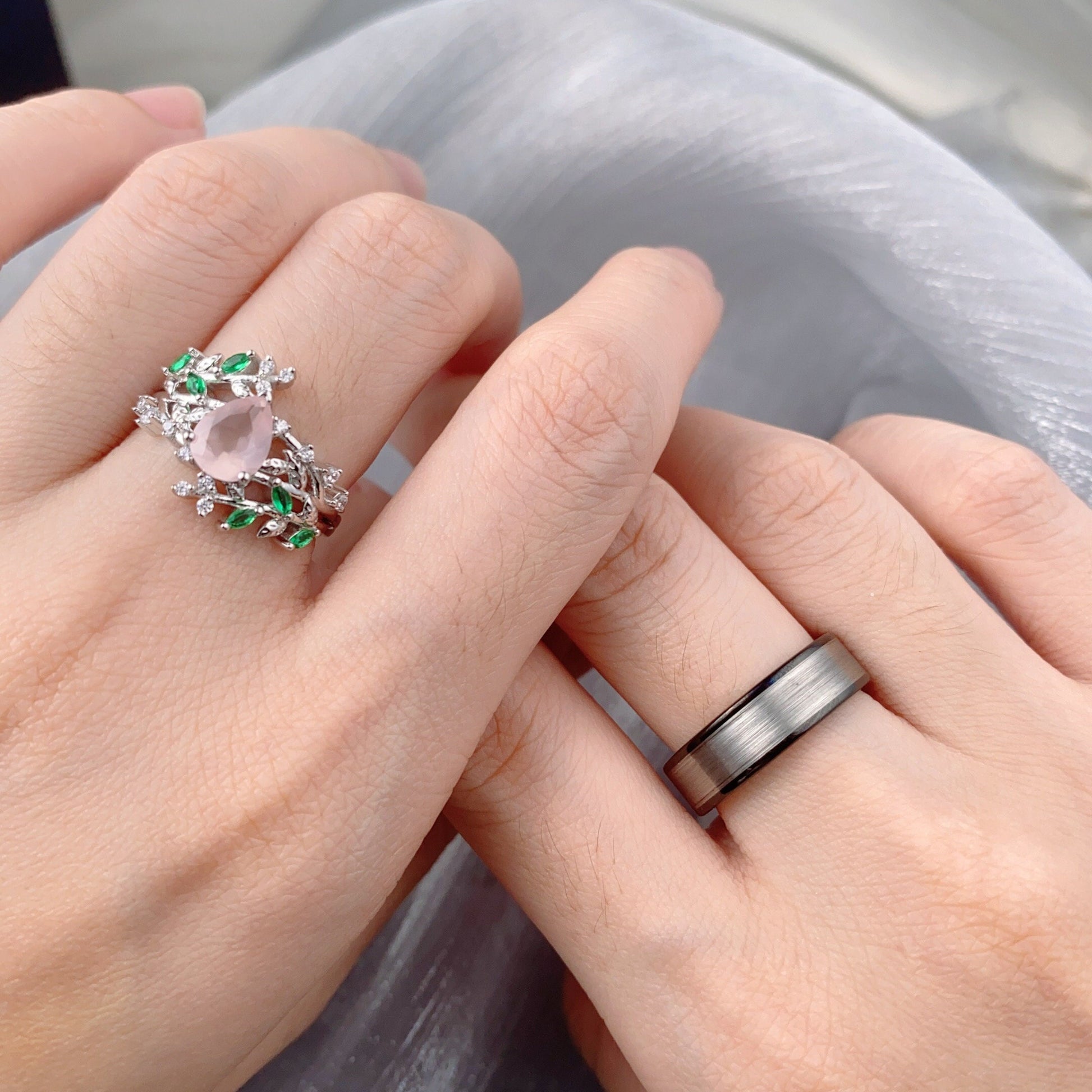 Vintage Floral Rose Quartz Couples Ring Set Sterling Silver His and Hers Wedding Band Mens Tungsten Ring Natural Inspired Leaf Ring