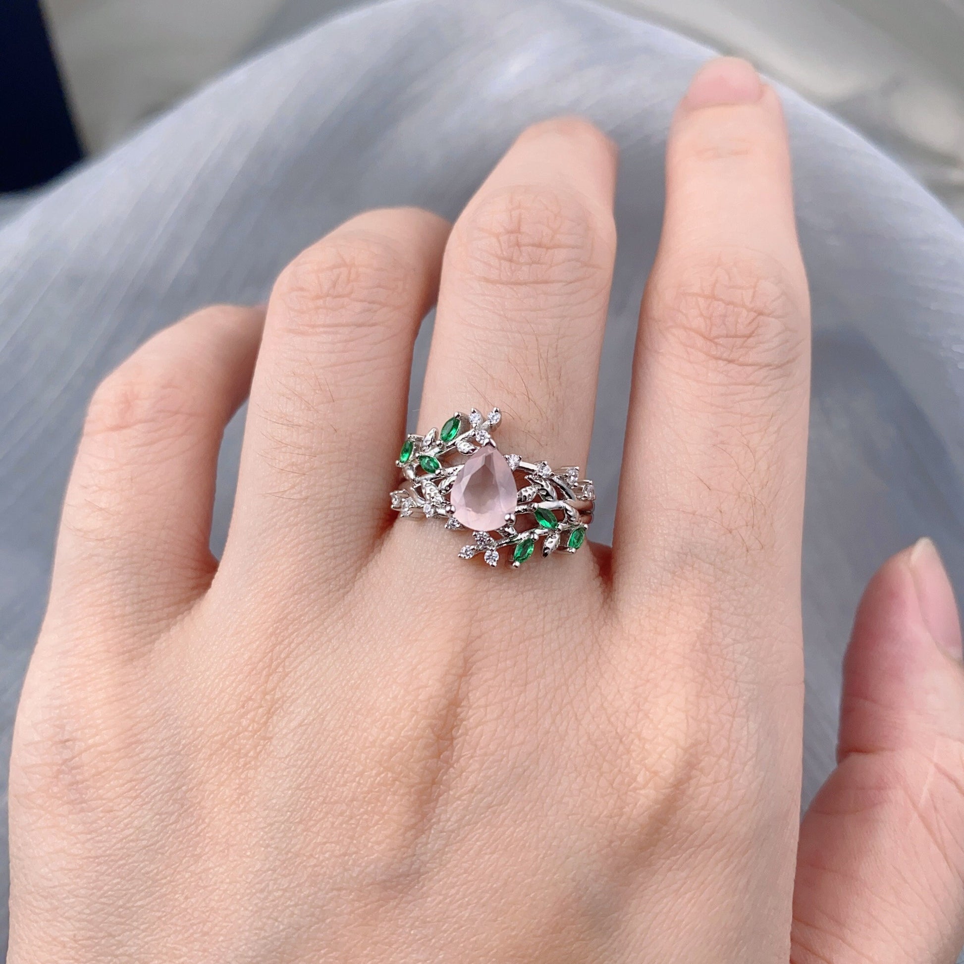 Vintage Floral Rose Quartz Couples Ring Set Sterling Silver His and Hers Wedding Band Mens Tungsten Ring Natural Inspired Leaf Ring