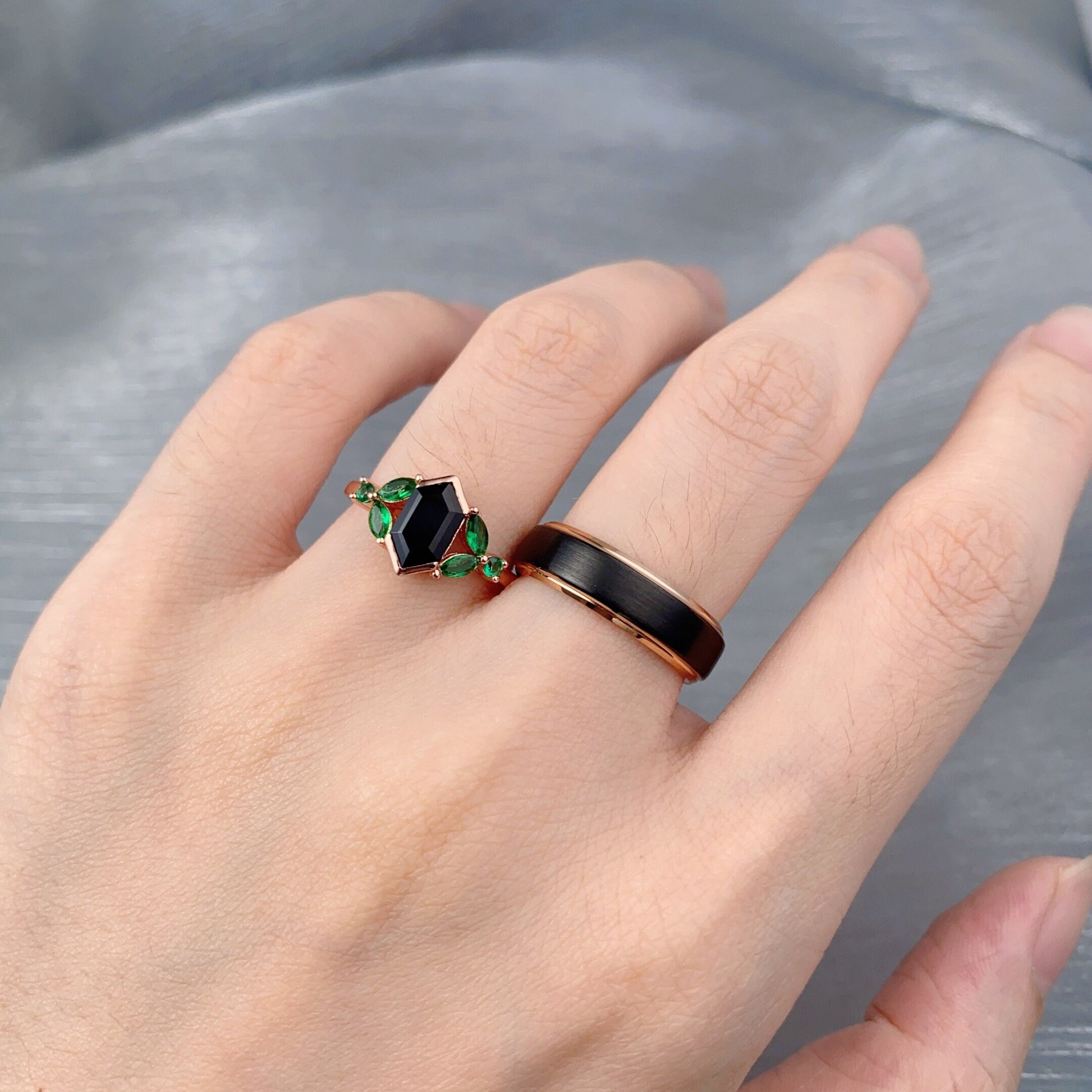 Vintage Black Onyx Couples Ring Rose Gold Wedding Ring Set His and Hers Wedding Band Mens Tungsten Ring Promise Ring For Men For Women