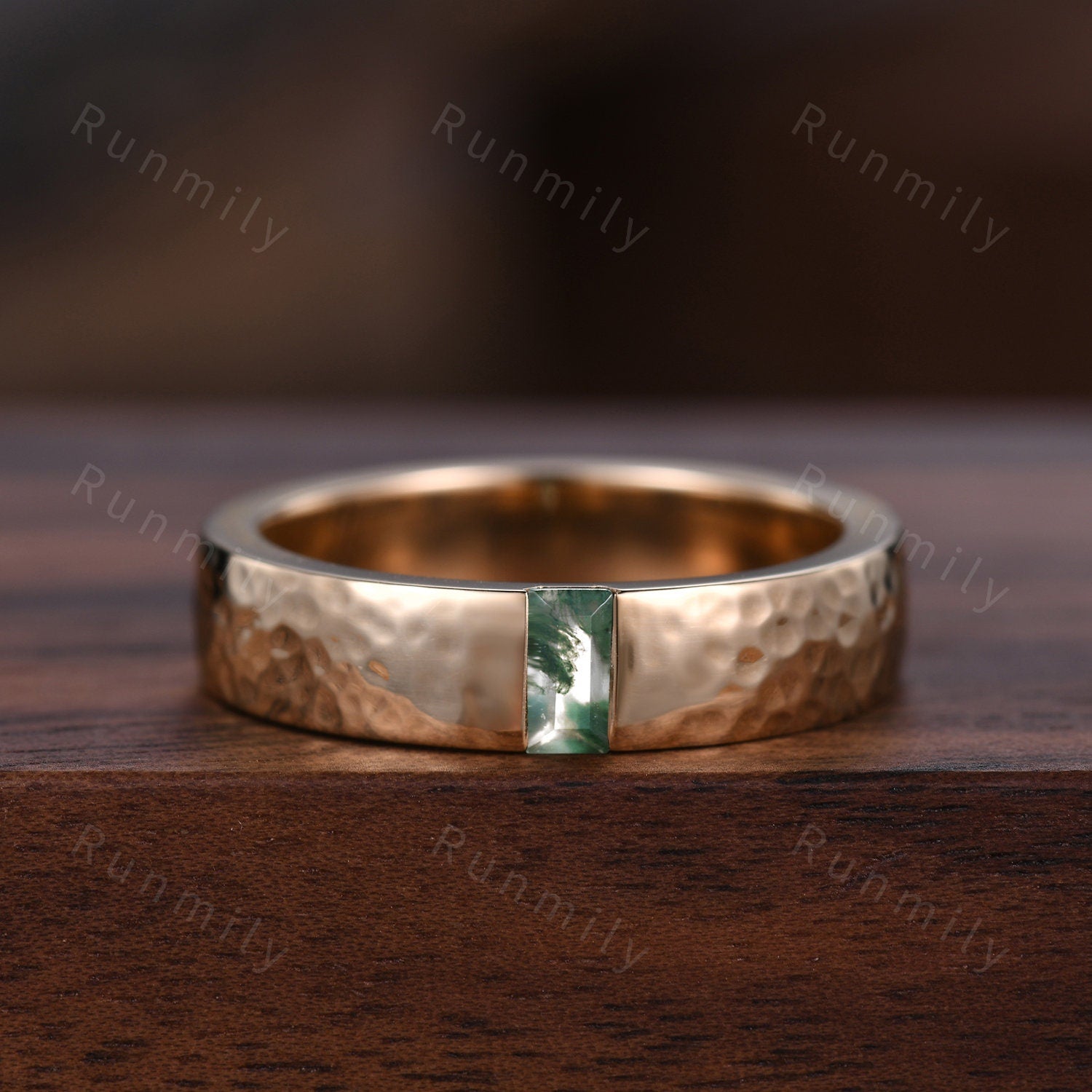 Natural Moss Agate Couples Ring Yellow Gold Matching Ring Set His and Hers Wedding Band Promise Ring For Men For Women Kite Cut Ring