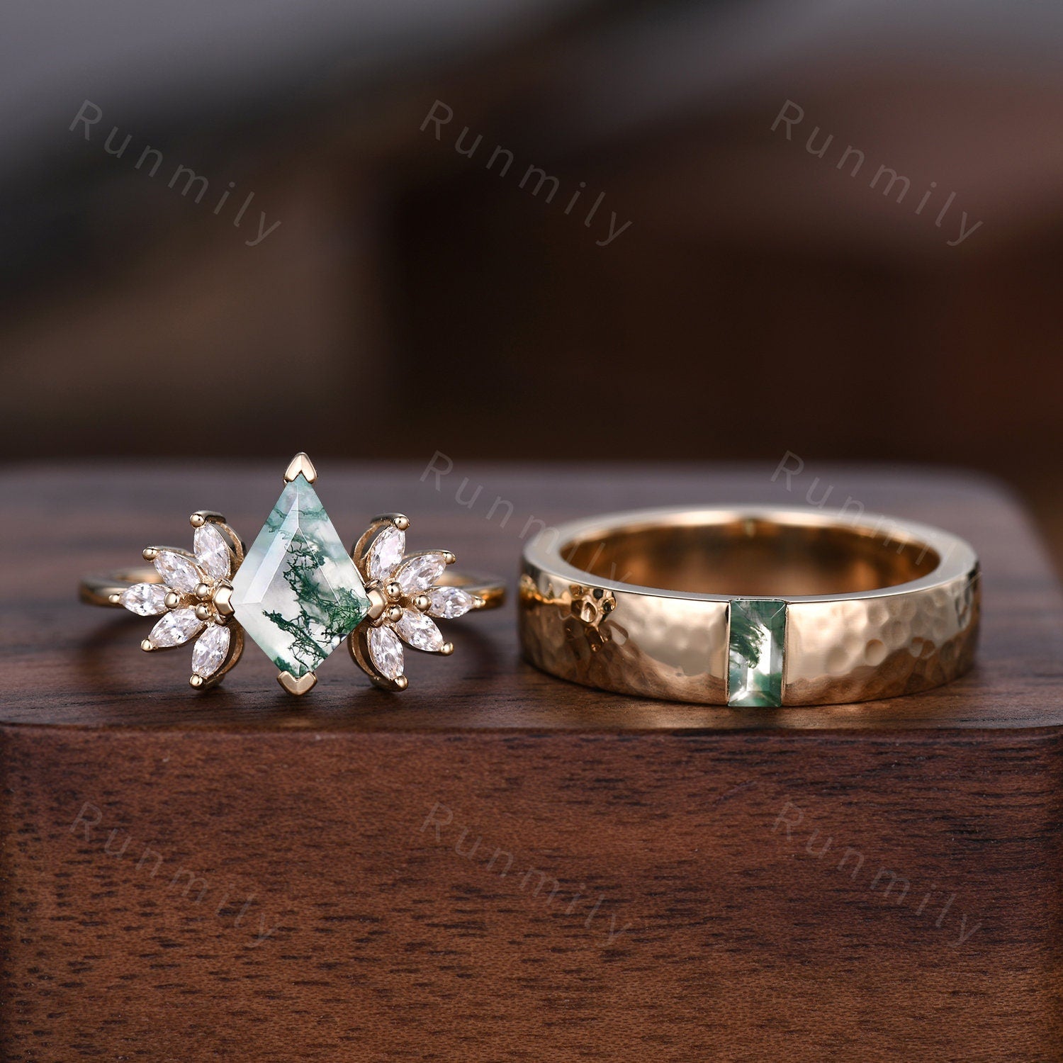 Natural Moss Agate Couples Ring Yellow Gold Matching Ring Set His and Hers Wedding Band Promise Ring For Men For Women Kite Cut Ring