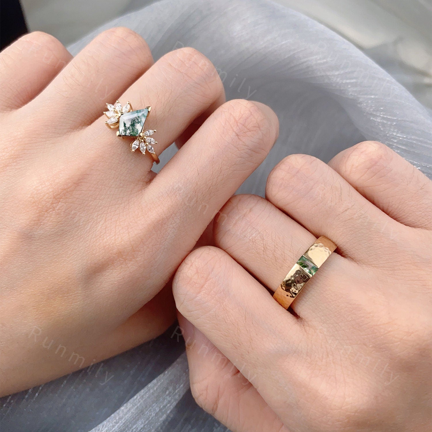 Natural Moss Agate Couples Ring Yellow Gold Matching Ring Set His and Hers Wedding Band Promise Ring For Men For Women Kite Cut Ring
