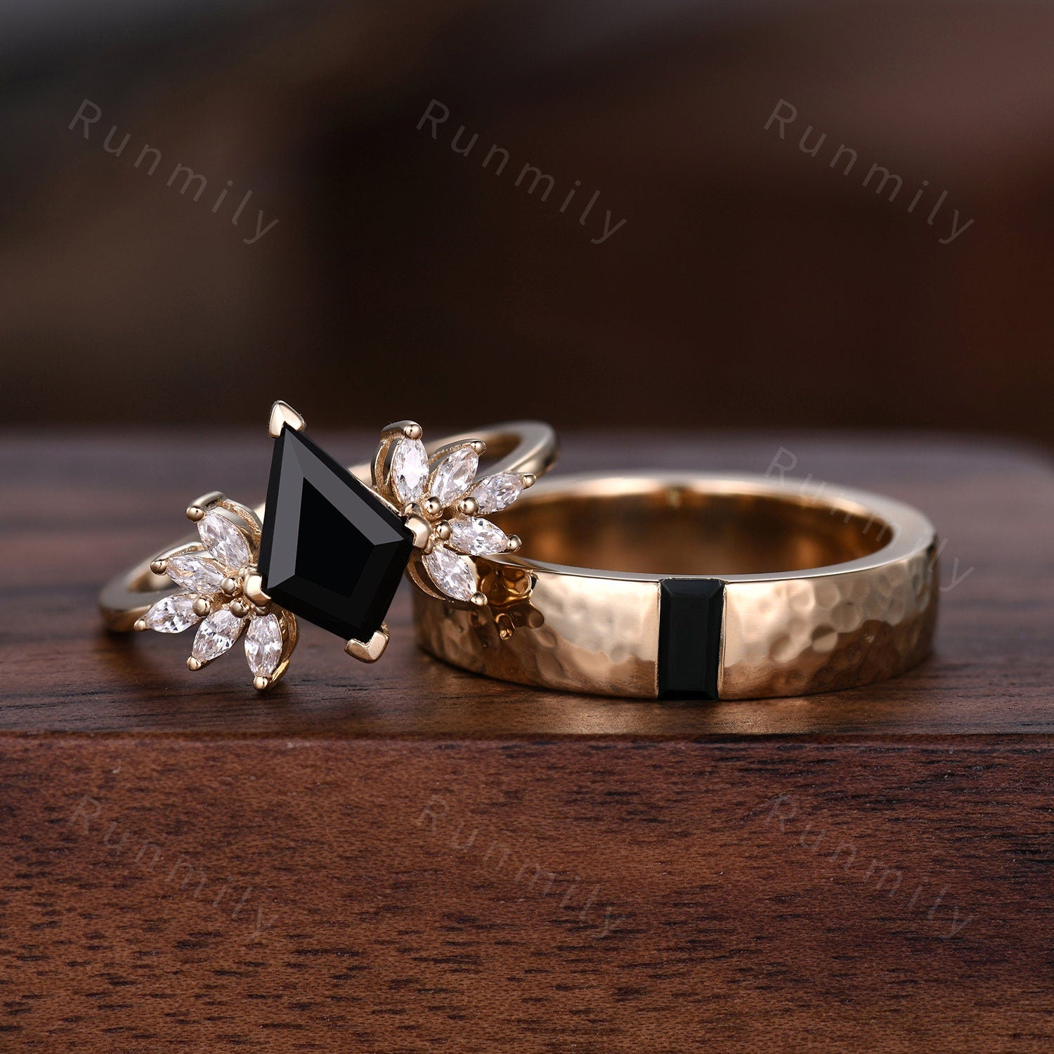 Natural Moss Agate Couples Ring Yellow Gold Matching Ring Set His and Hers Wedding Band Promise Ring For Men For Women Kite Cut Ring