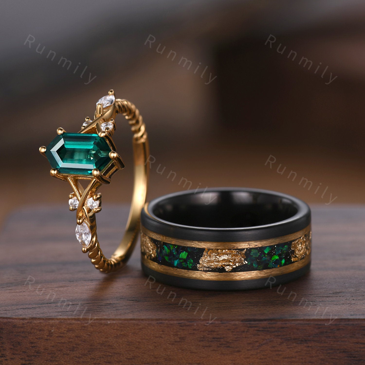 Vintage Emerald Couples Ring Yellow Gold Matching Ring Set His and Hers Wedding Band Mens Fire Opal Ring Promise Ring For Men For Women