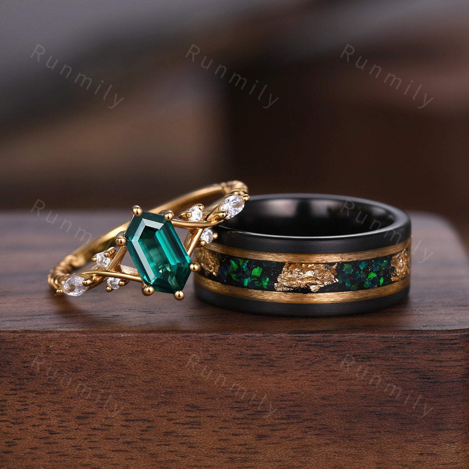 Vintage Emerald Couples Ring Yellow Gold Matching Ring Set His and Hers Wedding Band Mens Fire Opal Ring Promise Ring For Men For Women