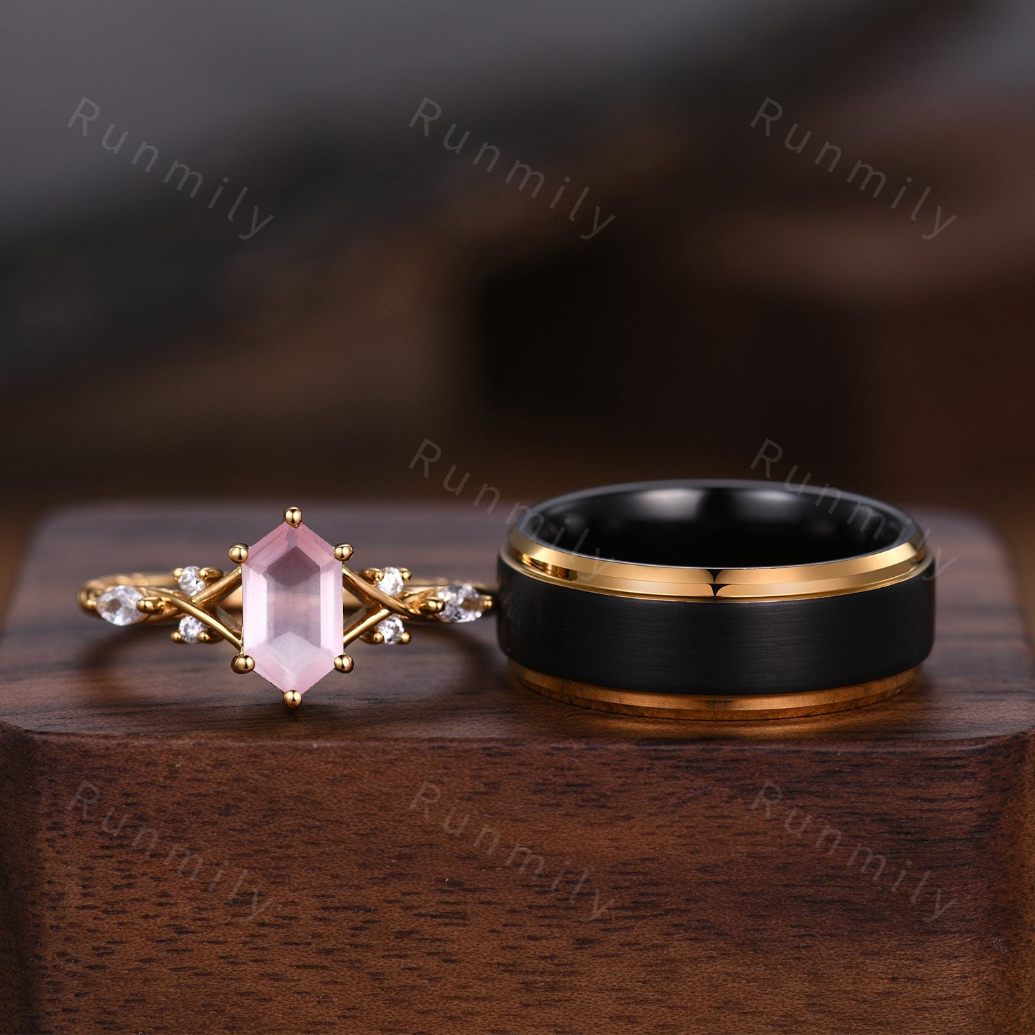 Vintage Rose Quartz Couples Ring Yellow Gold Matching Ring Set His and Hers Wedding Band Promise Ring For Men For Women Natural Pink Gem