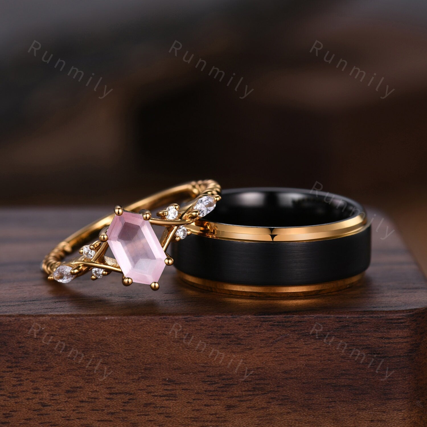 Vintage Rose Quartz Couples Ring Yellow Gold Matching Ring Set His and Hers Wedding Band Promise Ring For Men For Women Natural Pink Gem