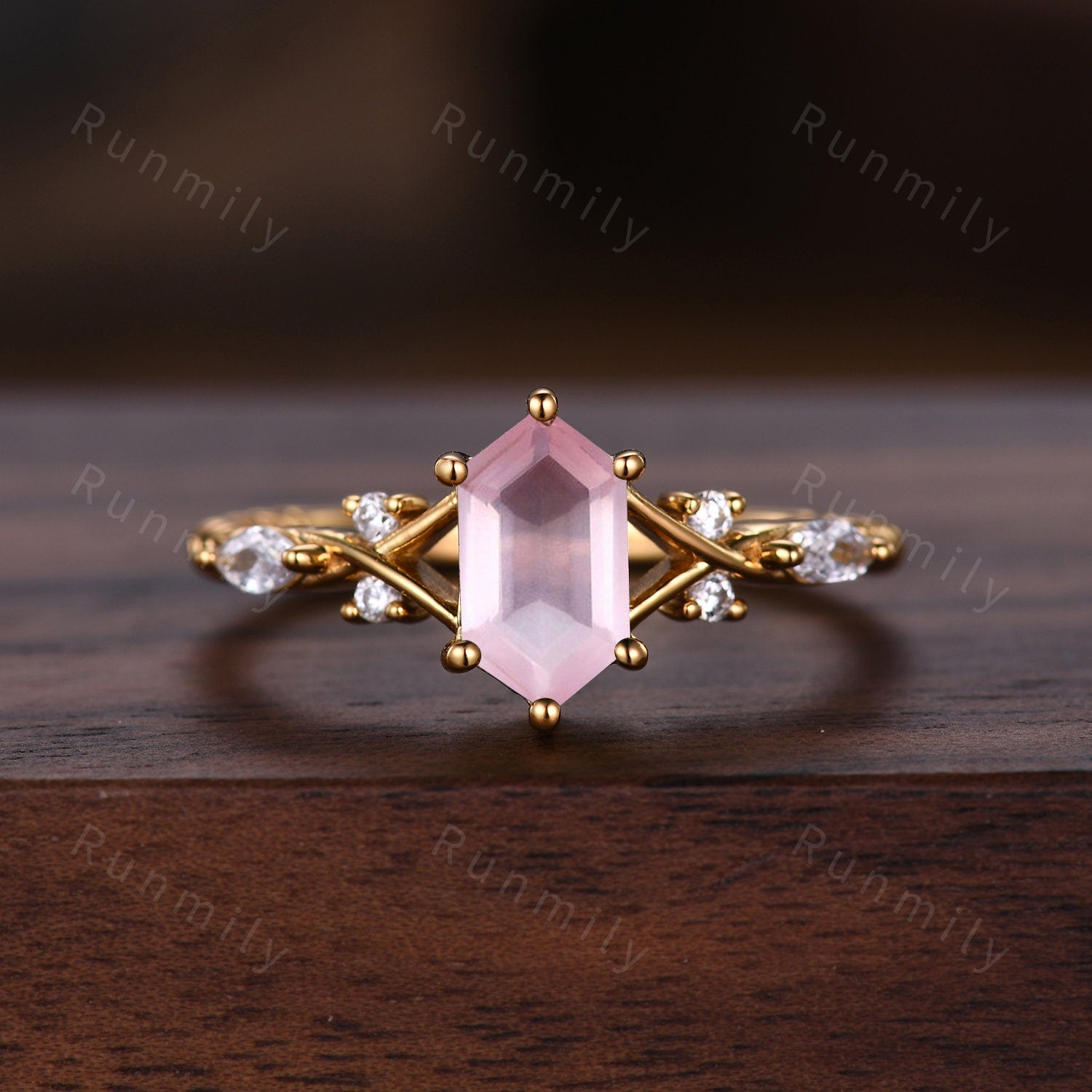 Vintage Rose Quartz Couples Ring Yellow Gold Matching Ring Set His and Hers Wedding Band Promise Ring For Men For Women Natural Pink Gem