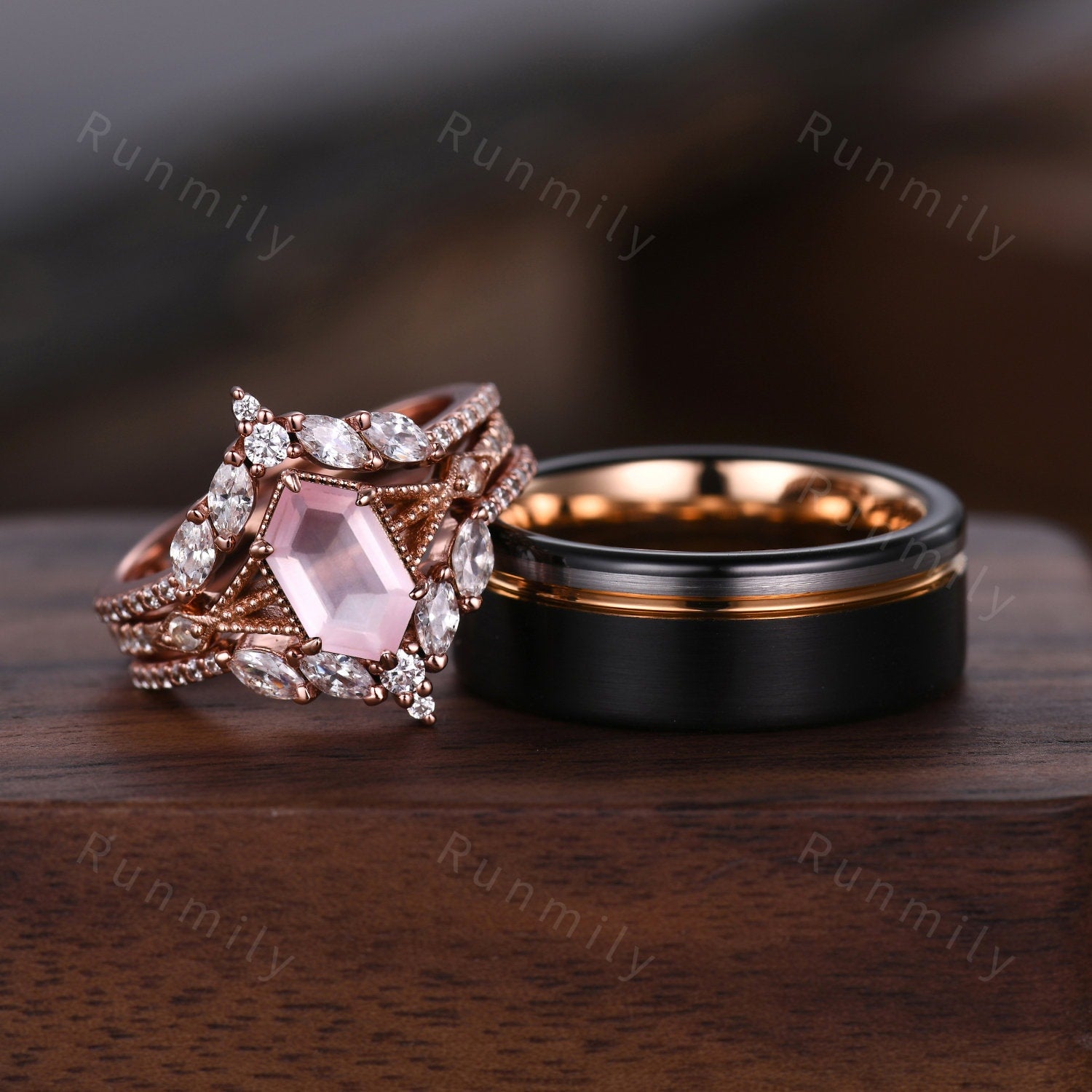 Antique Rose Quartz Couples Ring Set Vintage Double Curved Diamond Band Rose Gold His and Her Wedding Band Promise Ring For Men and Women