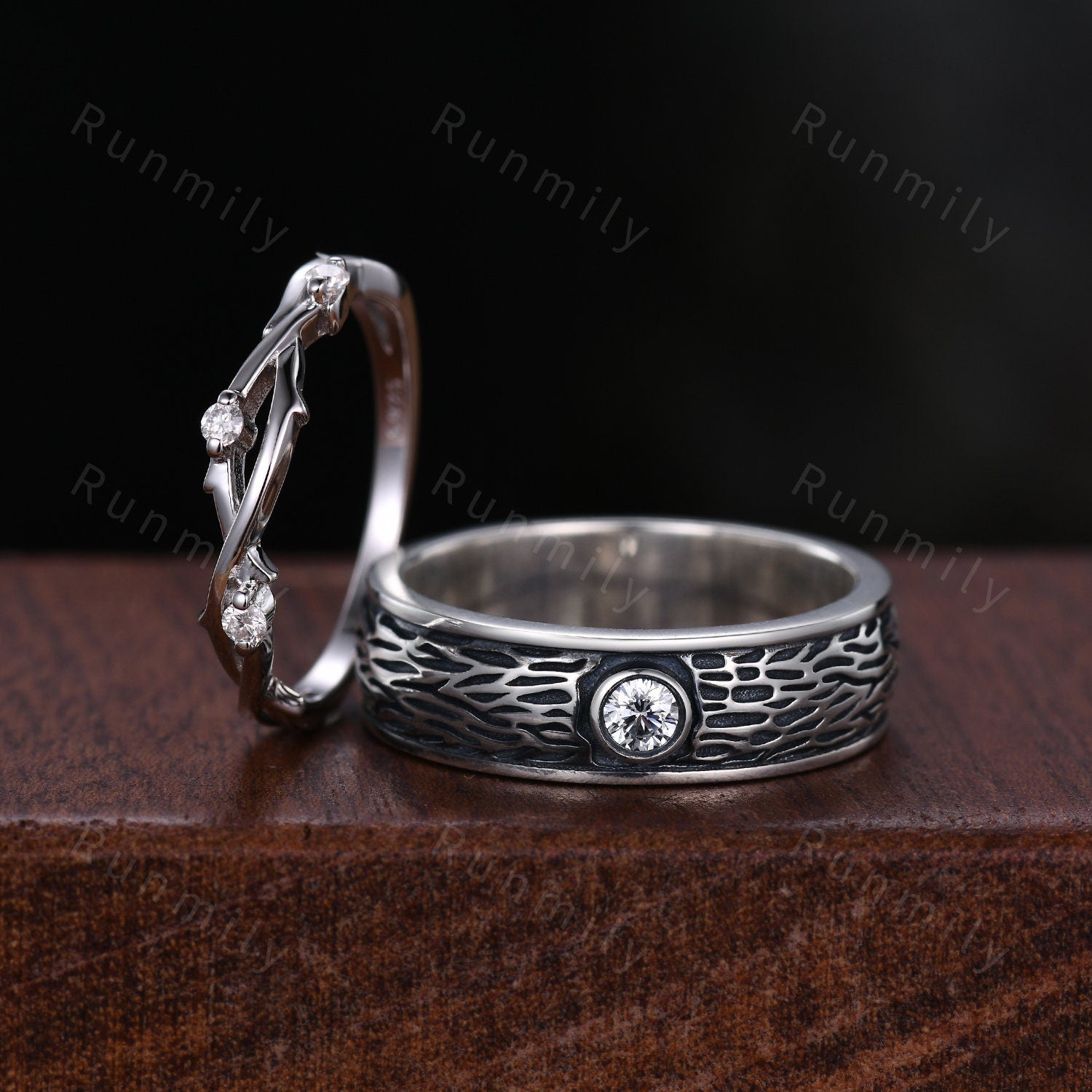 Nature Inspired Moissanite Couples Ring Silver Matching Ring Set Mens Gothic Tree Bark Ring His and Hers Wedding Band Vine Twig Ring