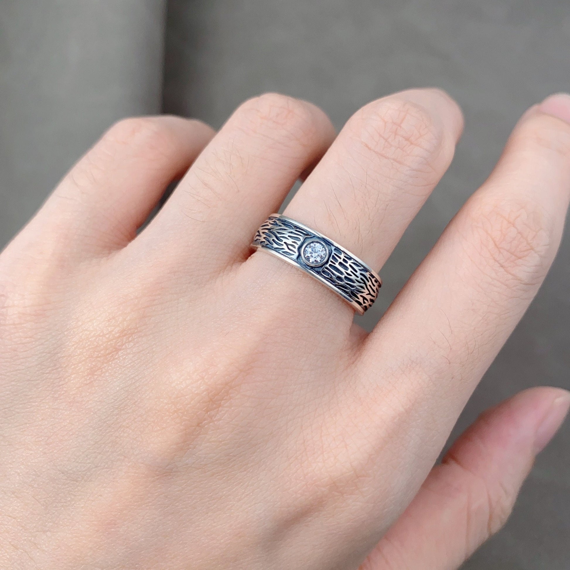 Nature Inspired Moissanite Couples Ring Silver Matching Ring Set Mens Gothic Tree Bark Ring His and Hers Wedding Band Vine Twig Ring