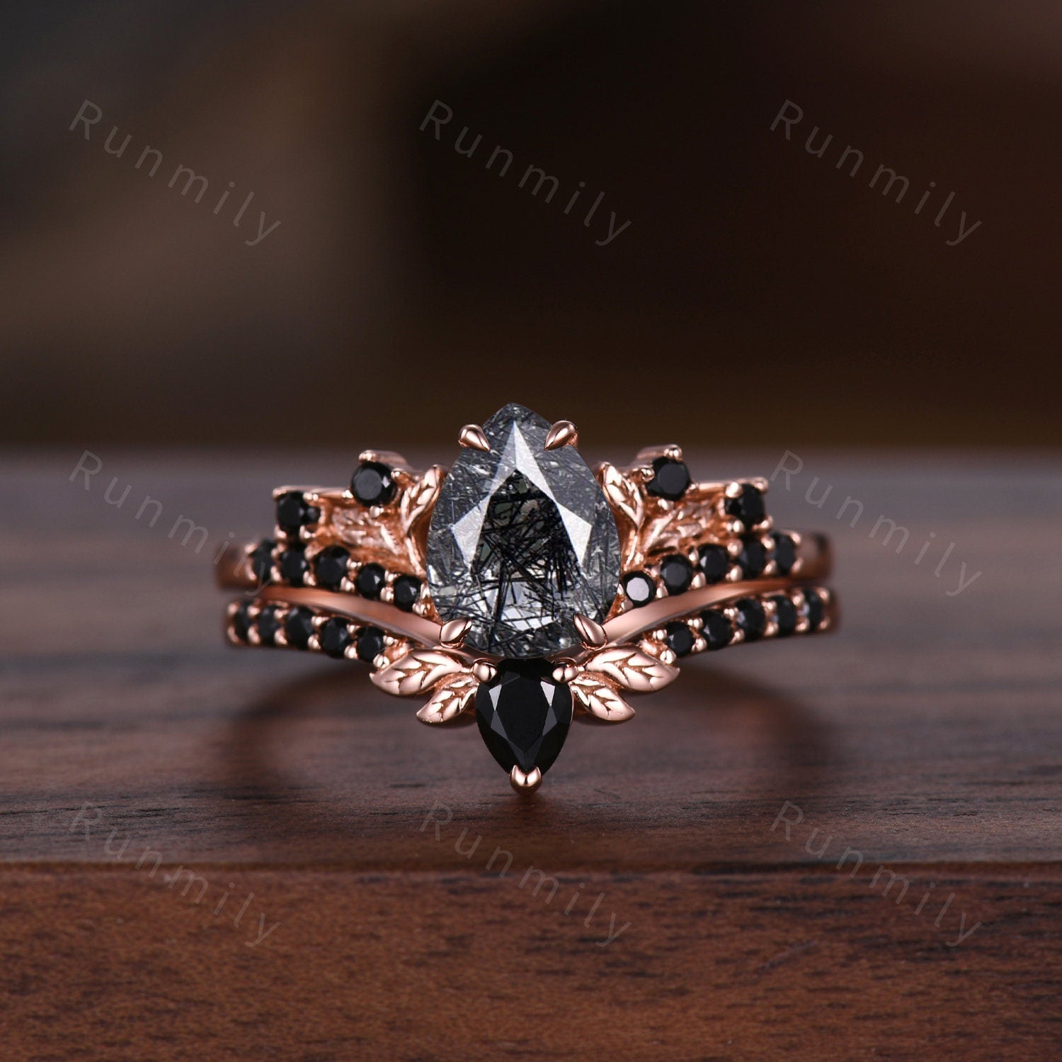 Vintage Black Rutilated Quartz Couples Ring Rose Gold Matching Ring Set His and Hers Wedding Band Promise Ring For Men For Women Natural Gem