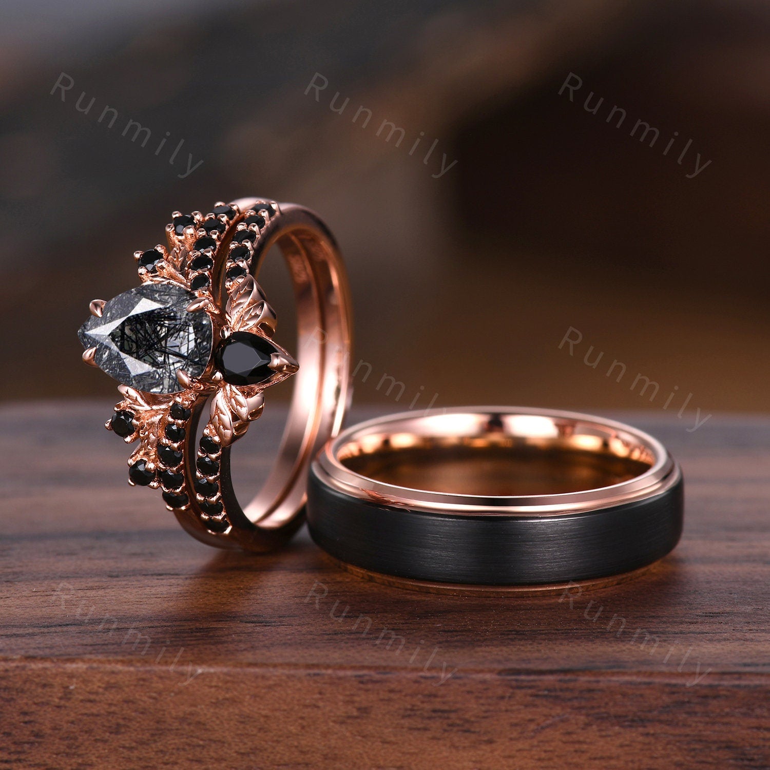 Vintage Black Rutilated Quartz Couples Ring Rose Gold Matching Ring Set His and Hers Wedding Band Promise Ring For Men For Women Natural Gem