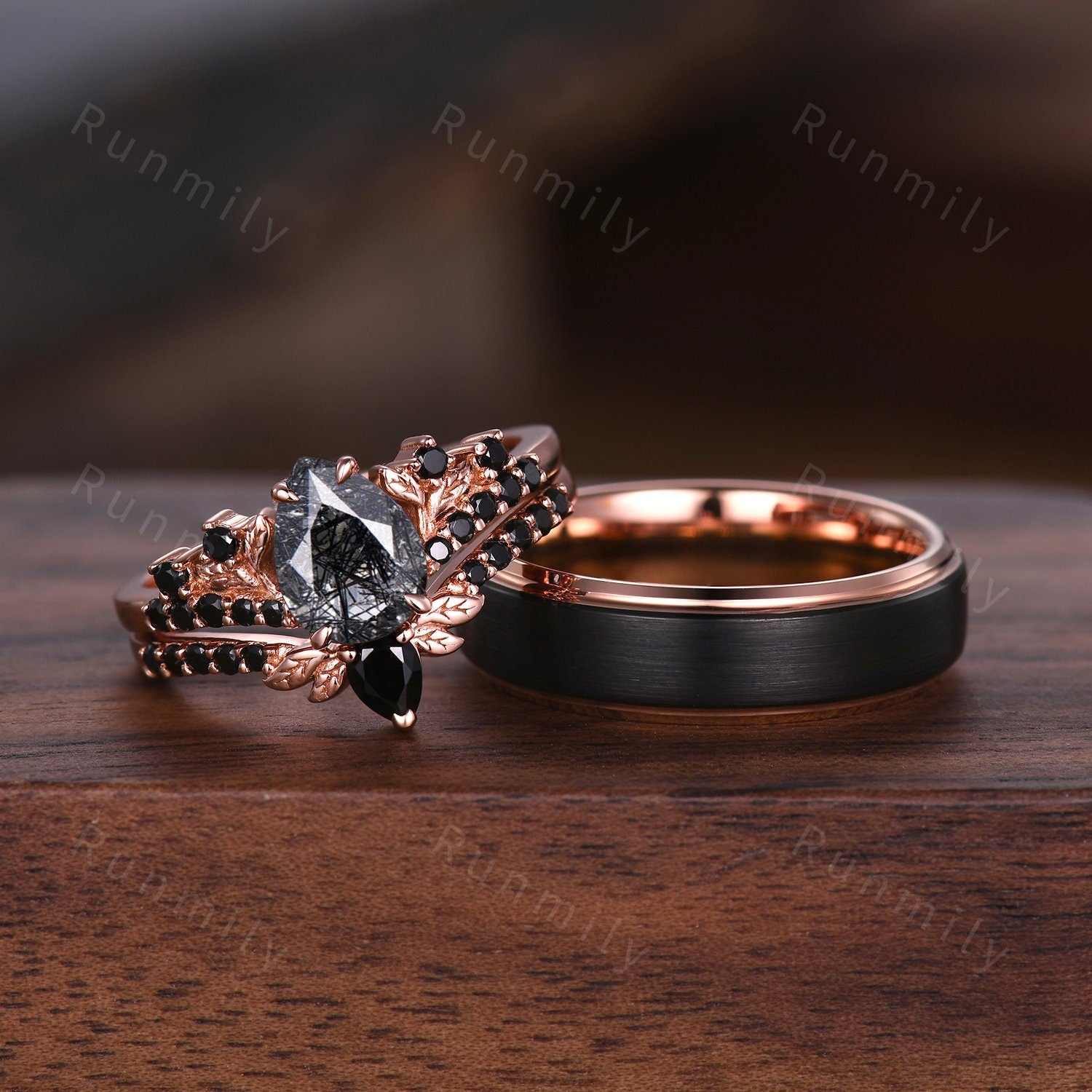 Vintage Black Rutilated Quartz Couples Ring Rose Gold Matching Ring Set His and Hers Wedding Band Promise Ring For Men For Women Natural Gem