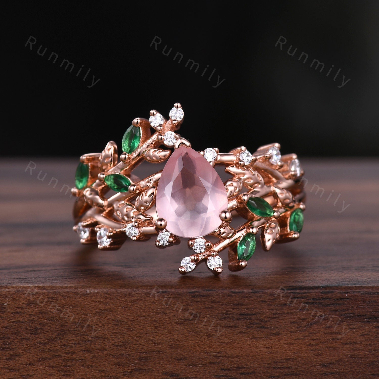 Floral Leaf Rose Quartz Couples Ring Set Rose Gold His and Hers Wedding Band Mens Hammered Ring Natural Inspired Ring Vintage Promise Ring