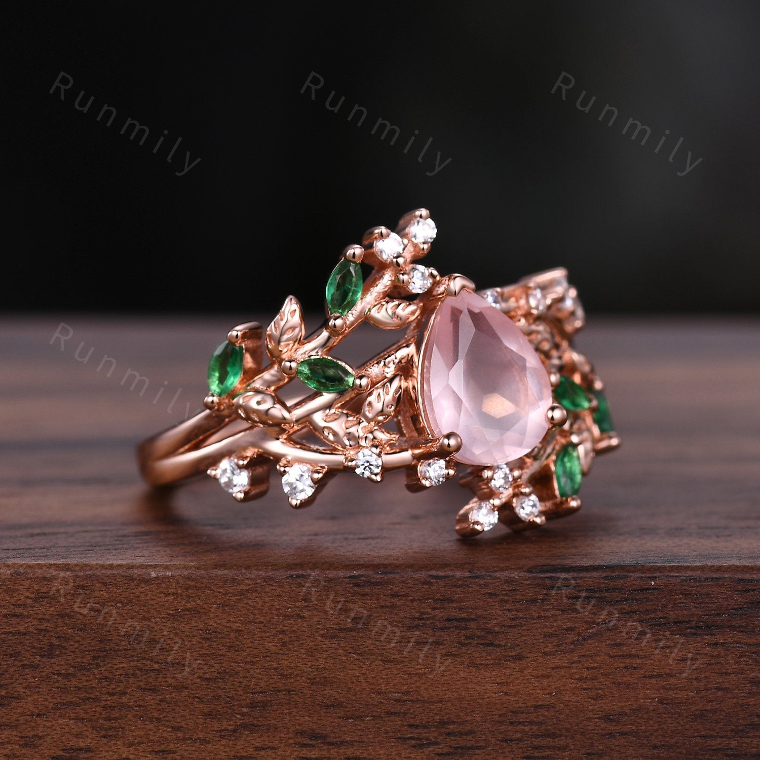 Floral Leaf Rose Quartz Couples Ring Set Rose Gold His and Hers Wedding Band Mens Hammered Ring Natural Inspired Ring Vintage Promise Ring