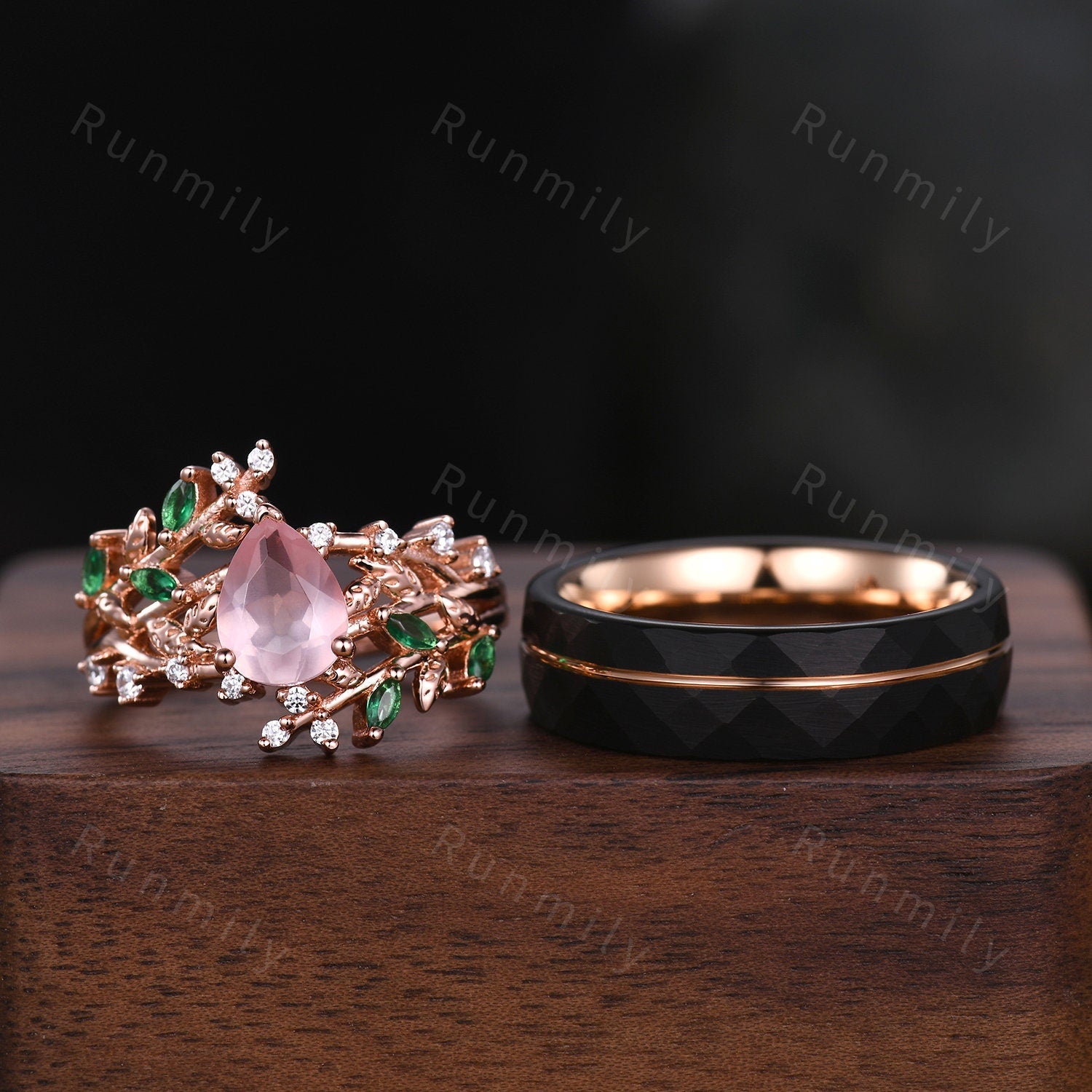 Floral Leaf Rose Quartz Couples Ring Set Rose Gold His and Hers Wedding Band Mens Hammered Ring Natural Inspired Ring Vintage Promise Ring