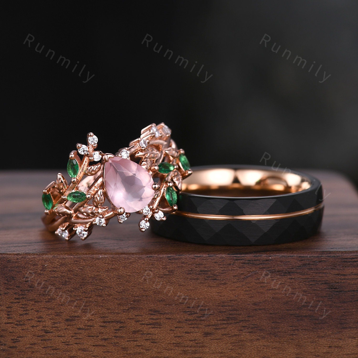 Floral Leaf Rose Quartz Couples Ring Set Rose Gold His and Hers Wedding Band Mens Hammered Ring Natural Inspired Ring Vintage Promise Ring