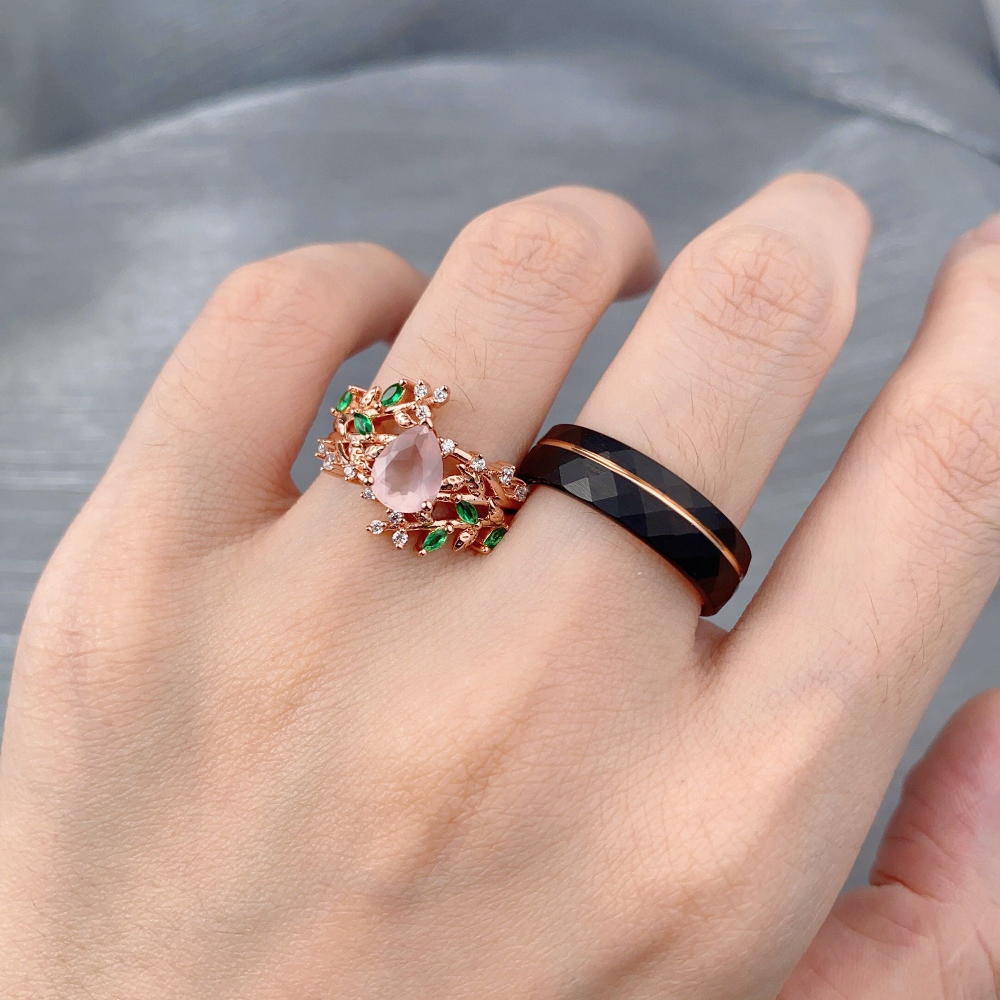 Floral Leaf Rose Quartz Couples Ring Set Rose Gold His and Hers Wedding Band Mens Hammered Ring Natural Inspired Ring Vintage Promise Ring