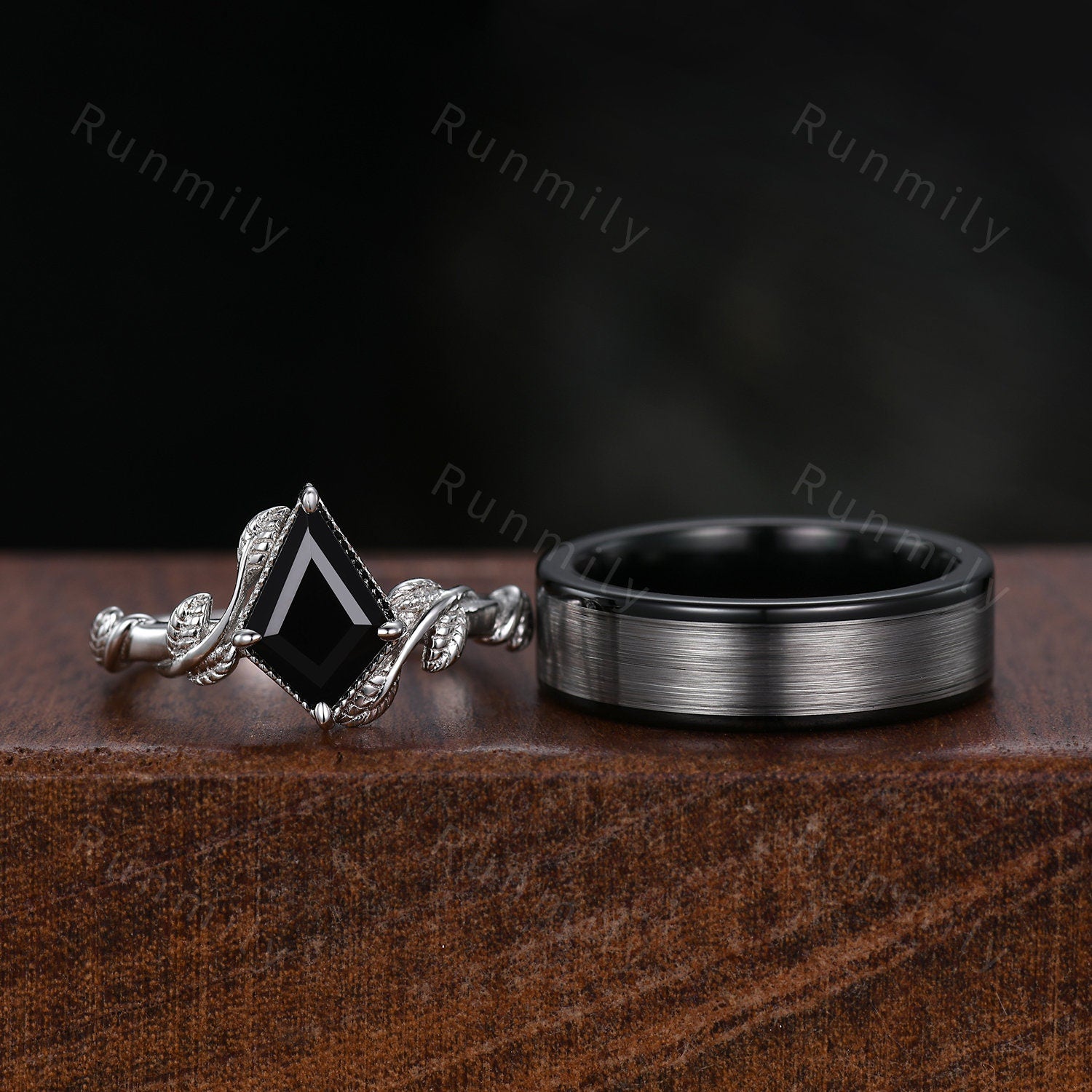 Vine Leaf Kite cut Black Onyx Couples Ring Silver Matching Ring Set Unique His and Hers Wedding Band Nature Inspired Ring Mens Tungsten Ring