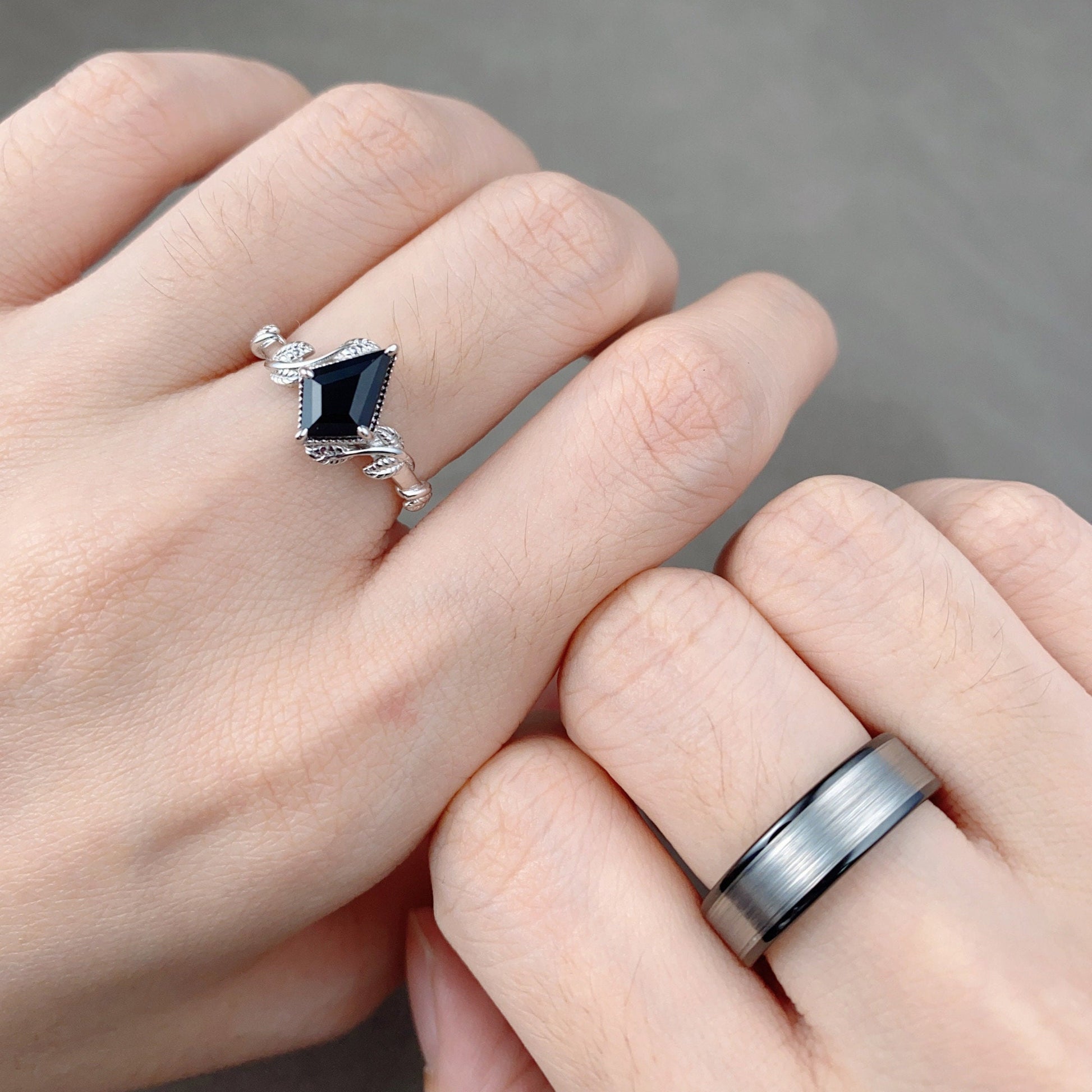 Vine Leaf Kite cut Black Onyx Couples Ring Silver Matching Ring Set Unique His and Hers Wedding Band Nature Inspired Ring Mens Tungsten Ring