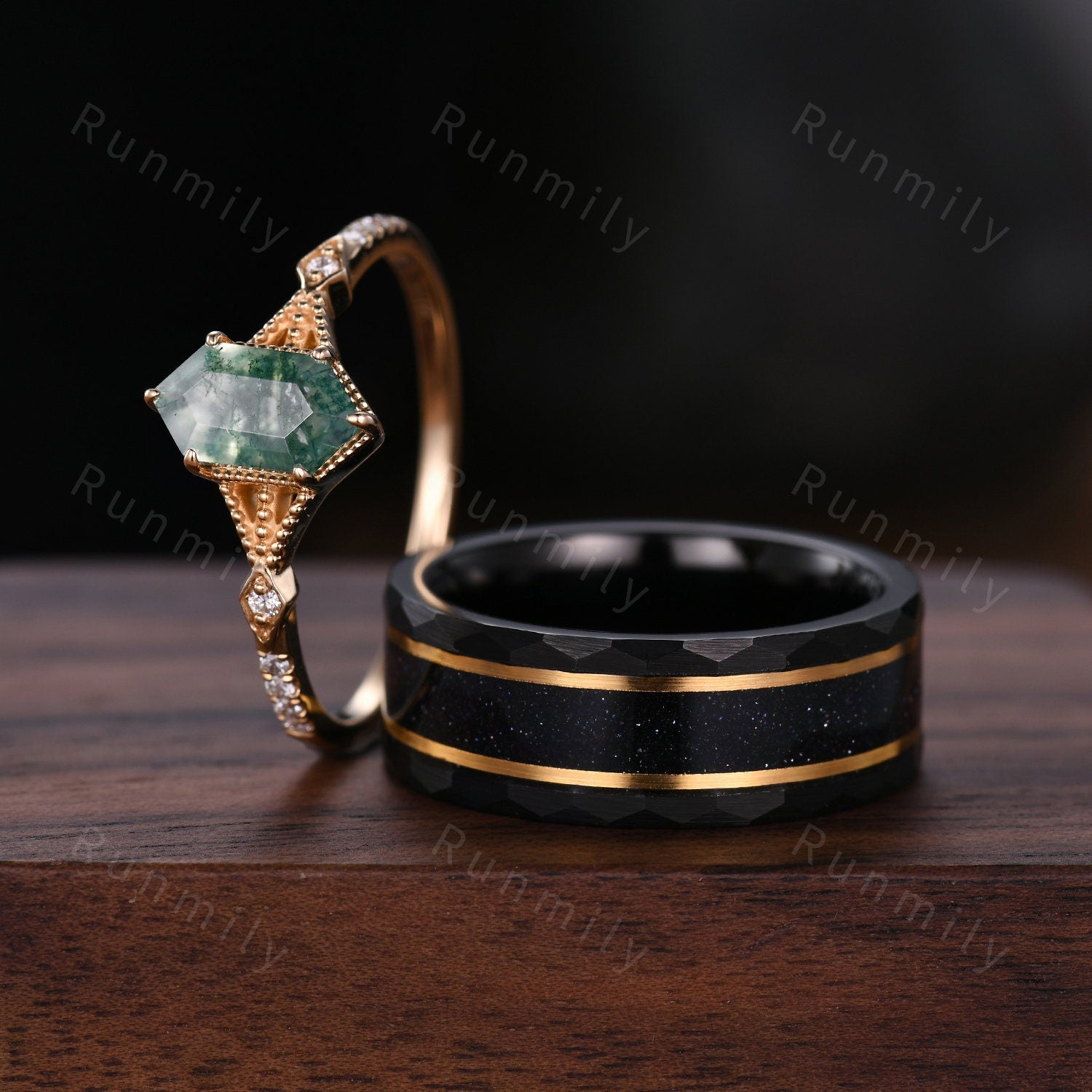 Vintage Moss Agate Couples Ring Yellow Gold Matching Ring Set His And Hers Wedding Band Mens Black Sandstone Ring Promise Ring Hexagon Cut