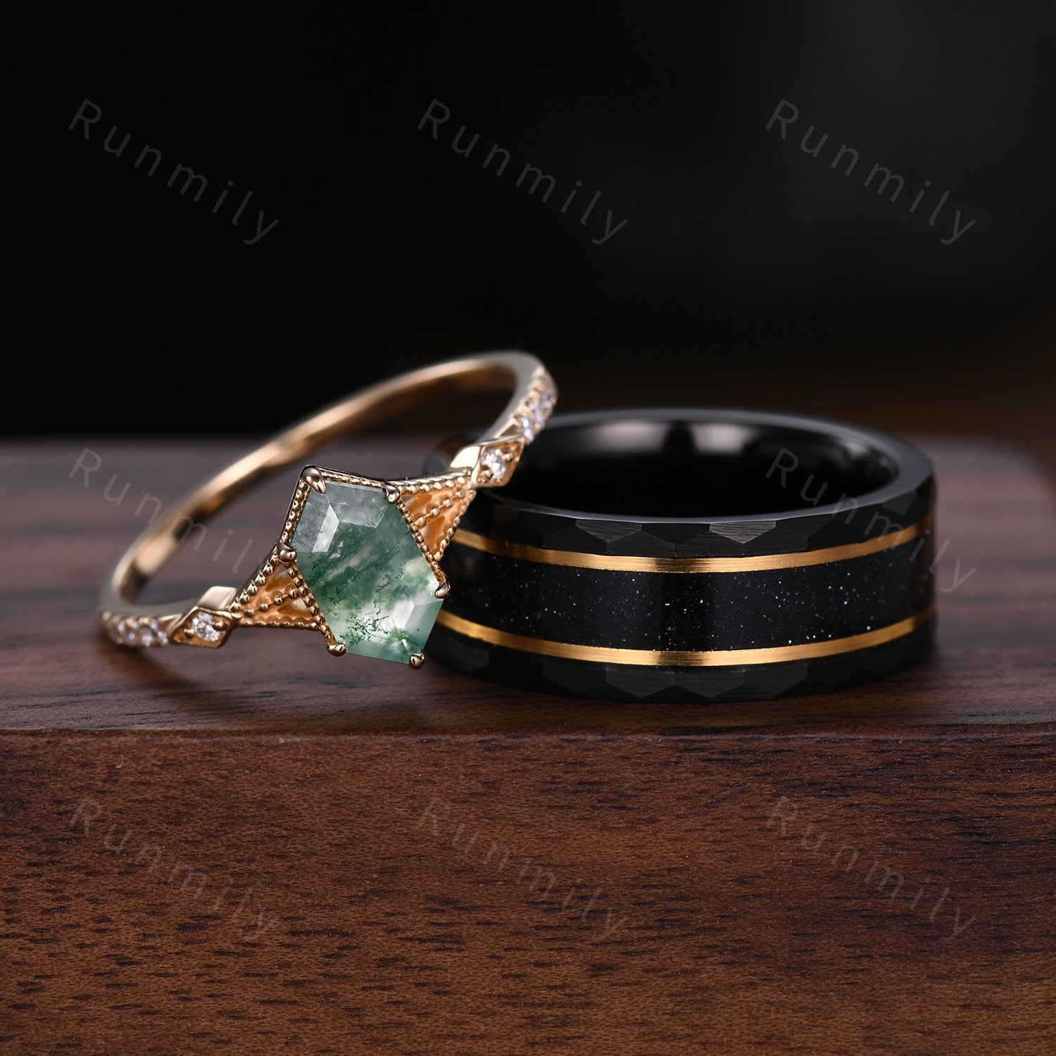 Vintage Moss Agate Couples Ring Yellow Gold Matching Ring Set His And Hers Wedding Band Mens Black Sandstone Ring Promise Ring Hexagon Cut