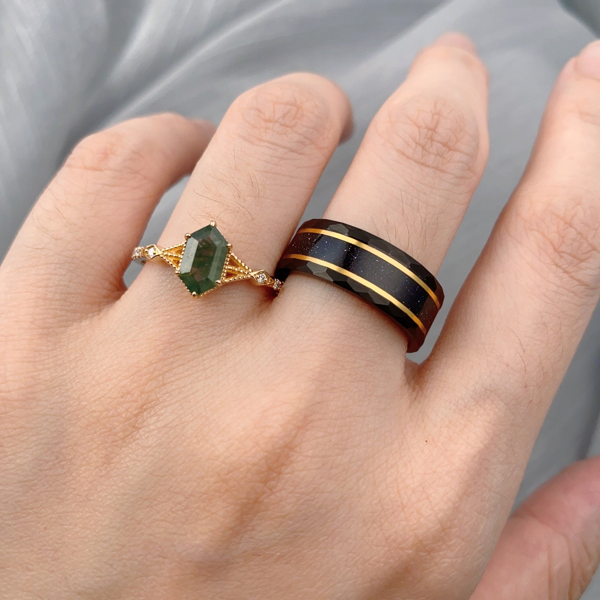 Vintage Moss Agate Couples Ring Yellow Gold Matching Ring Set His And Hers Wedding Band Mens Black Sandstone Ring Promise Ring Hexagon Cut