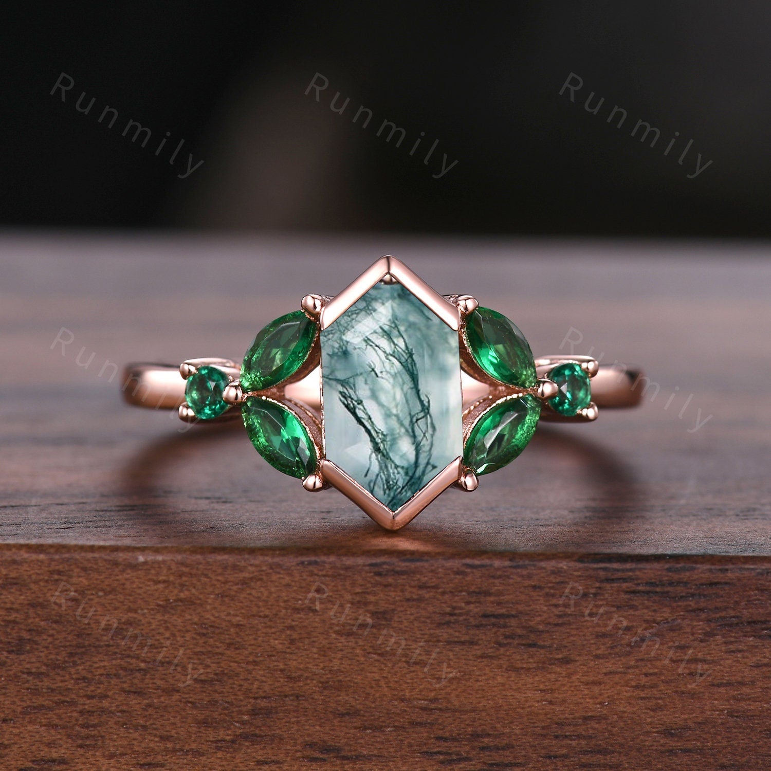 Nature Inspired Moss Agate & Emerald Couples Ring Set Rose Gold Matching Wedding Ring His and Hers Wedding Band Mens Emerald Promise Ring