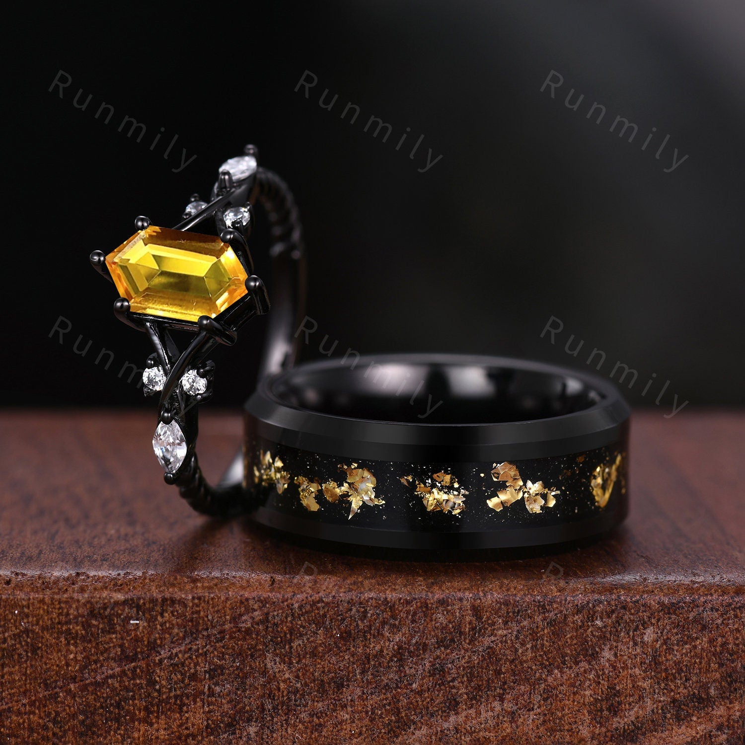 Vintage Citrine Couples Ring Black Gold Matching Ring Set His And Hers Wedding Band Mens Gold Leaf Ring Promise Ring For Men For Women