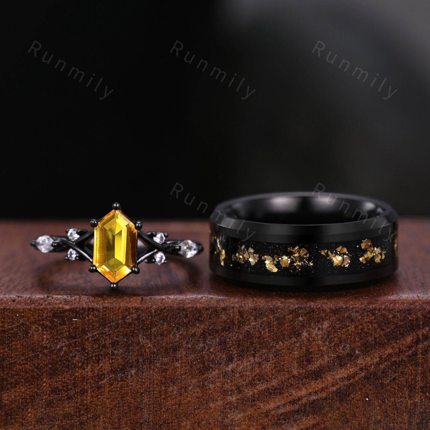 Vintage Citrine Couples Ring Black Gold Matching Ring Set His And Hers Wedding Band Mens Gold Leaf Ring Promise Ring For Men For Women